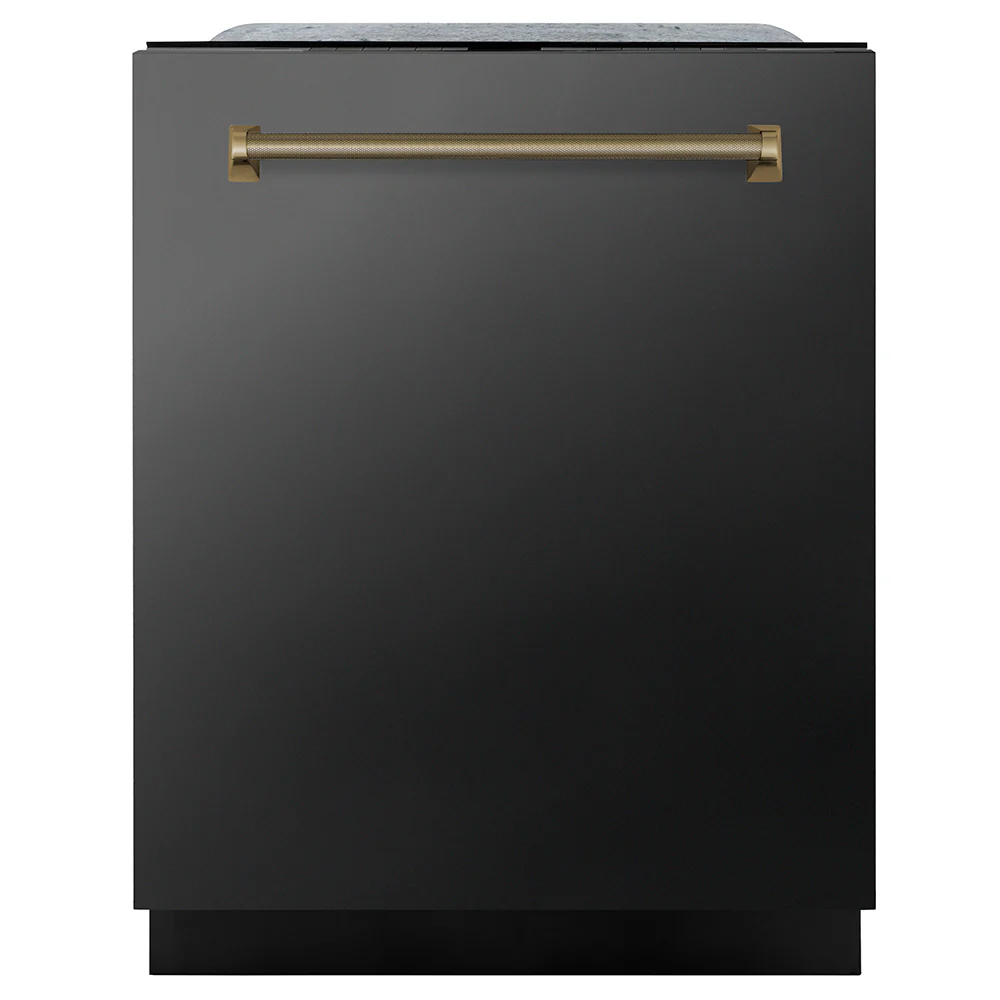 ZLINE Autograph Edition 24 in. Monument Series 3rd Rack Dishwasher with Auto Door Open Drying, 44dBa, Black Stainless Steel Panel with Champagne Bronze Helix Handle (DWMTZ-BS-24-KCB)