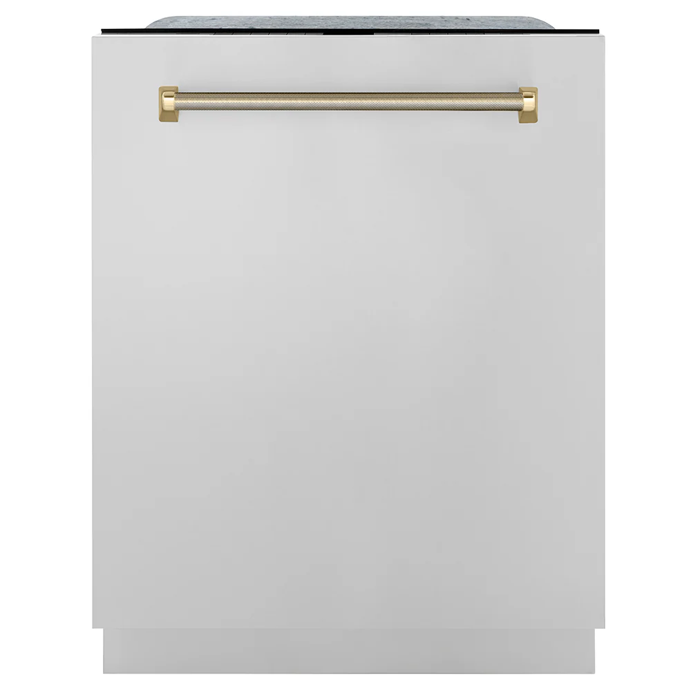 ZLINE Autograph Edition 24 in. Monument Series 3rd Rack Dishwasher with Auto Door Open Drying, 44dBa, Stainless Steel Panel with Polished Gold Helix Handle (DWMTZ-30424-KG)
