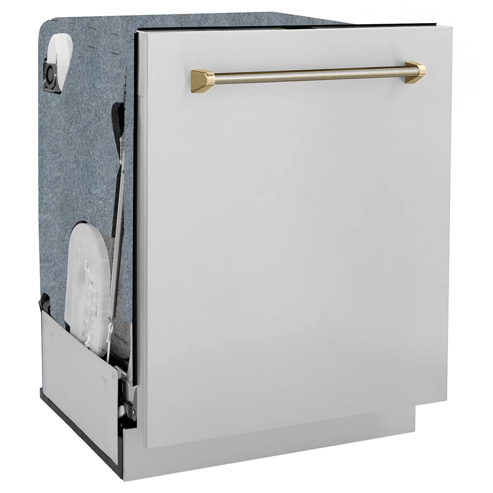 ZLINE Autograph Edition 24 in. Monument Series 3rd Rack Dishwasher with Auto Door Open Drying, 44dBa, Stainless Steel Panel with Polished Gold Helix Handle (DWMTZ-30424-KG) - Image 10