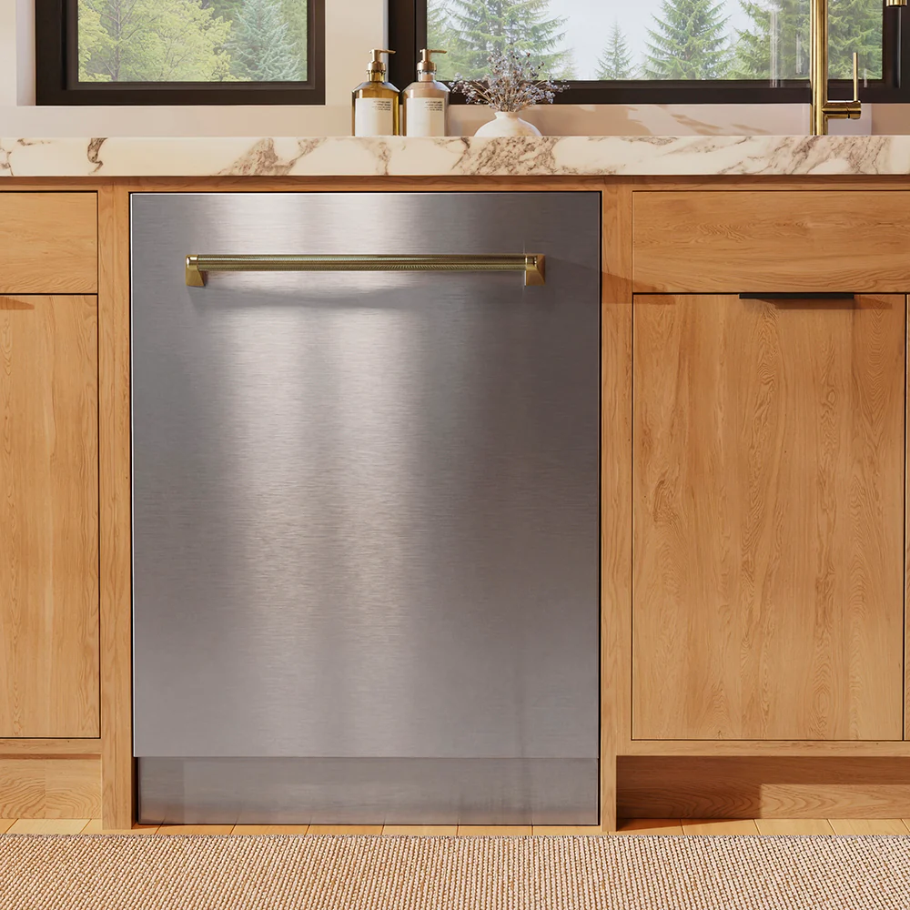 ZLINE Autograph Edition 24 in. Monument Series 3rd Rack Dishwasher with Auto Door Open Drying, 44dBa, Stainless Steel Panel with Polished Gold Helix Handle (DWMTZ-30424-KG) - Image 7