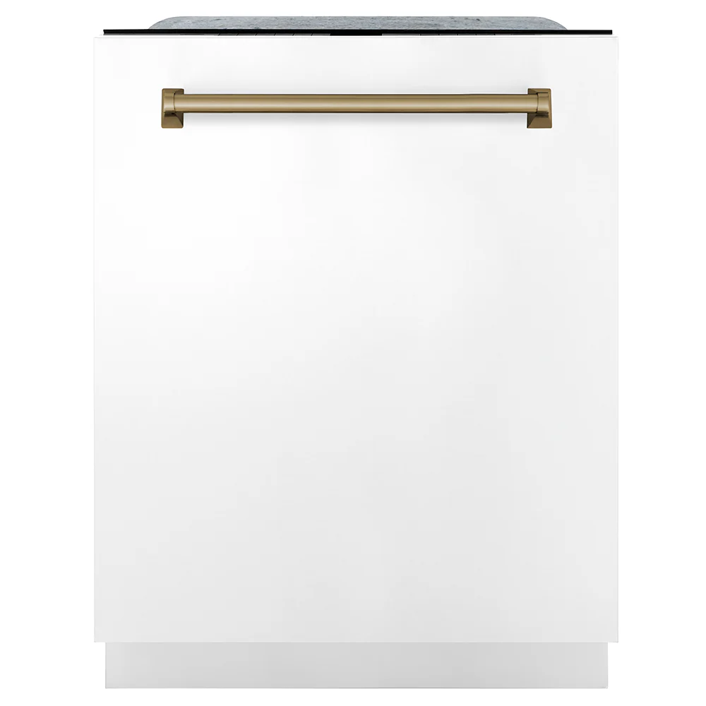 ZLINE Autograph Edition 24 in. Monument Series 3rd Rack Dishwasher with Auto Door Open Drying, 44dBa, White Matte Panel with Champagne Bronze Handle (DWMTZ-WM-24-CB)