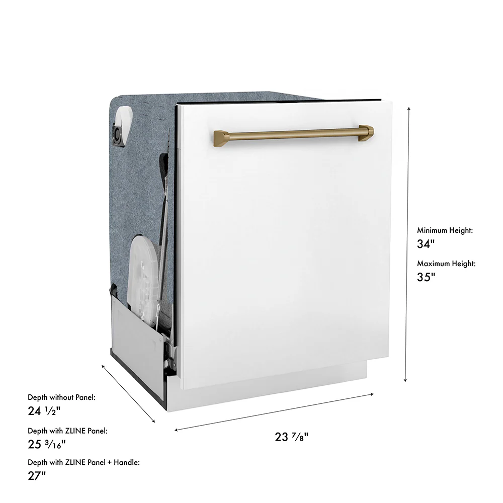 ZLINE Autograph Edition 24 in. Monument Series 3rd Rack Dishwasher with Auto Door Open Drying, 44dBa, White Matte Panel with Champagne Bronze Handle (DWMTZ-WM-24-CB) - Image 20