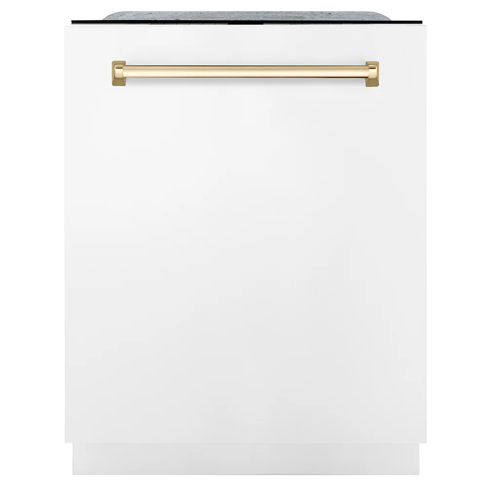 ZLINE Autograph Edition 24 in. Monument Series 3rd Rack Dishwasher with Auto Door Open Drying, 44dBa, White Matte Panel with Polished Gold Handle (DWMTZ-WM-24-G)