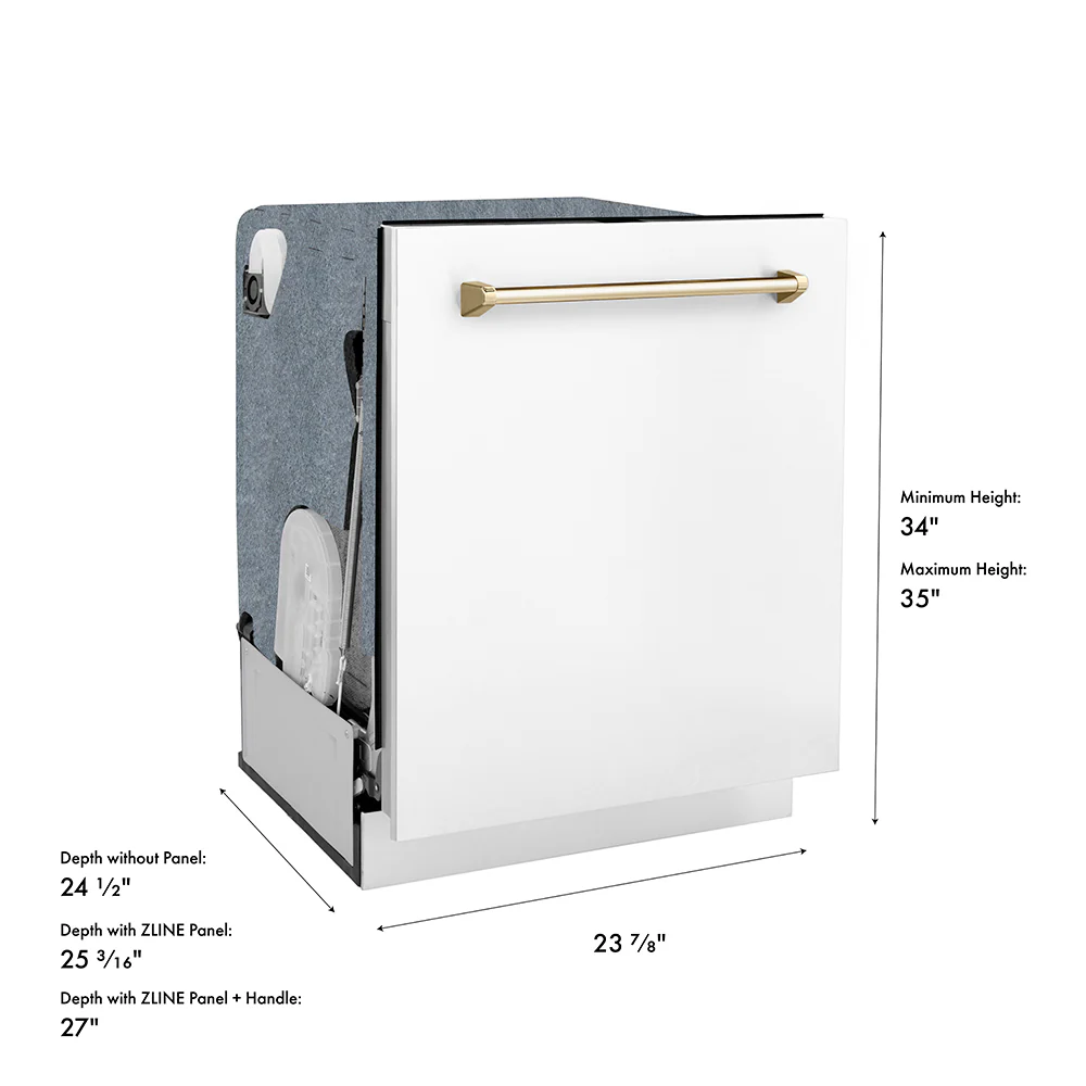 ZLINE Autograph Edition 24 in. Monument Series 3rd Rack Dishwasher with Auto Door Open Drying, 44dBa, White Matte Panel with Polished Gold Handle (DWMTZ-WM-24-G) - Image 20