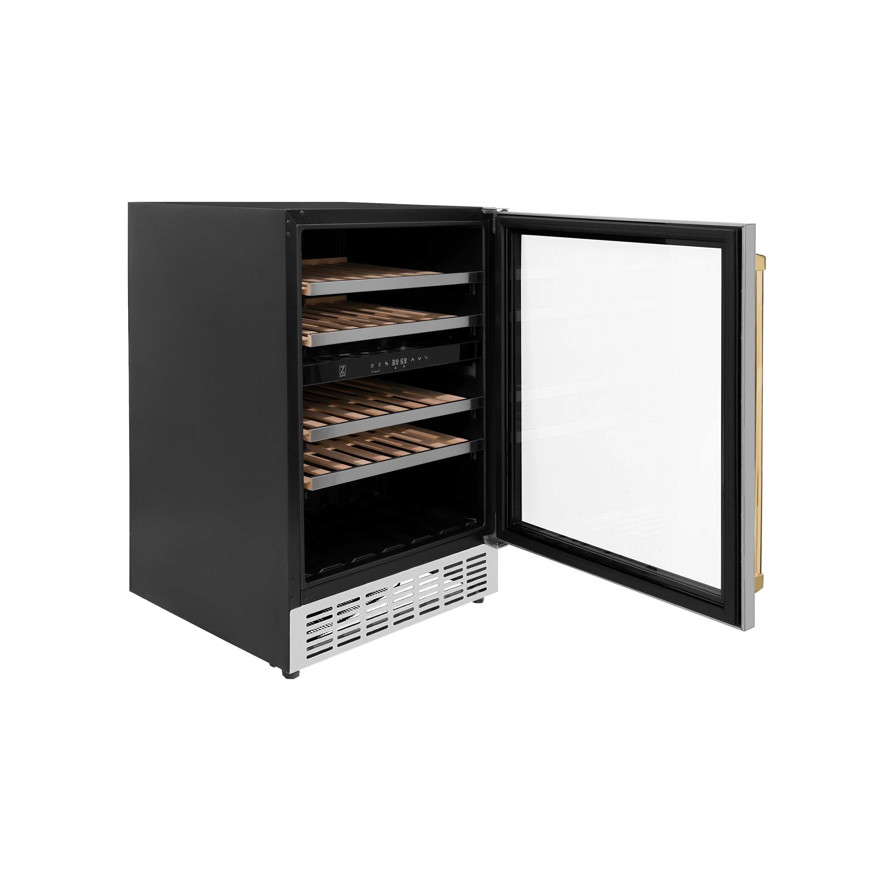 ZLINE 24" Autograph Edition Dual Zone 44-Bottle Wine Cooler in Stainless Steel with Wood Shelf and Polished Gold Accents (RWVZ-UD-24-G) - Image 4