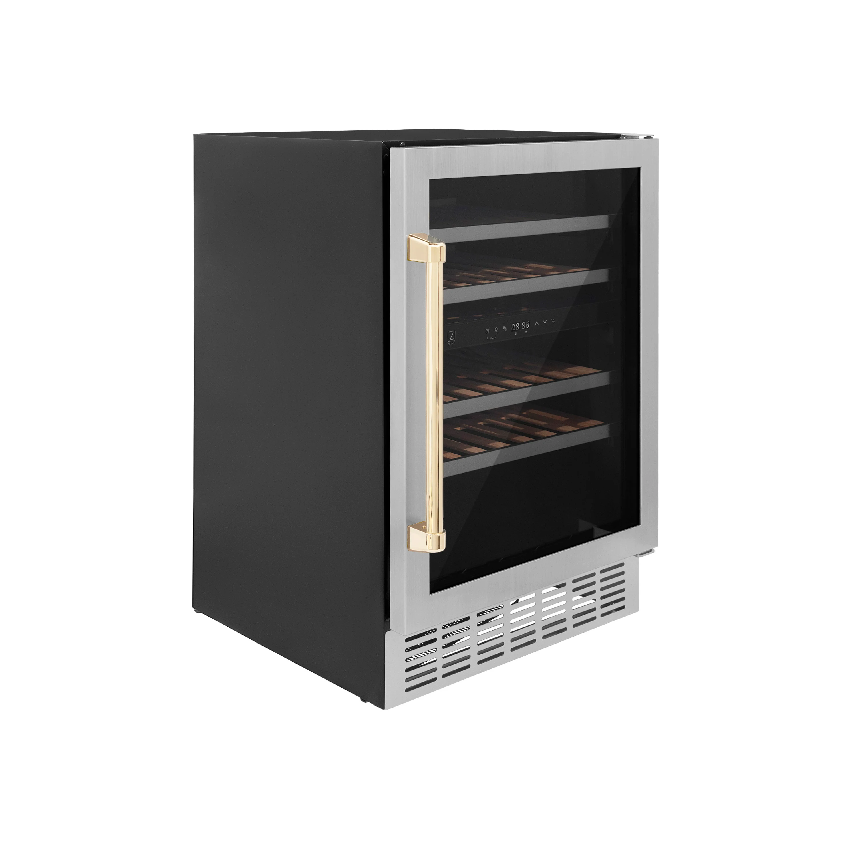 ZLINE 24" Autograph Edition Dual Zone 44-Bottle Wine Cooler in Stainless Steel with Wood Shelf and Polished Gold Accents (RWVZ-UD-24-G) - Image 5