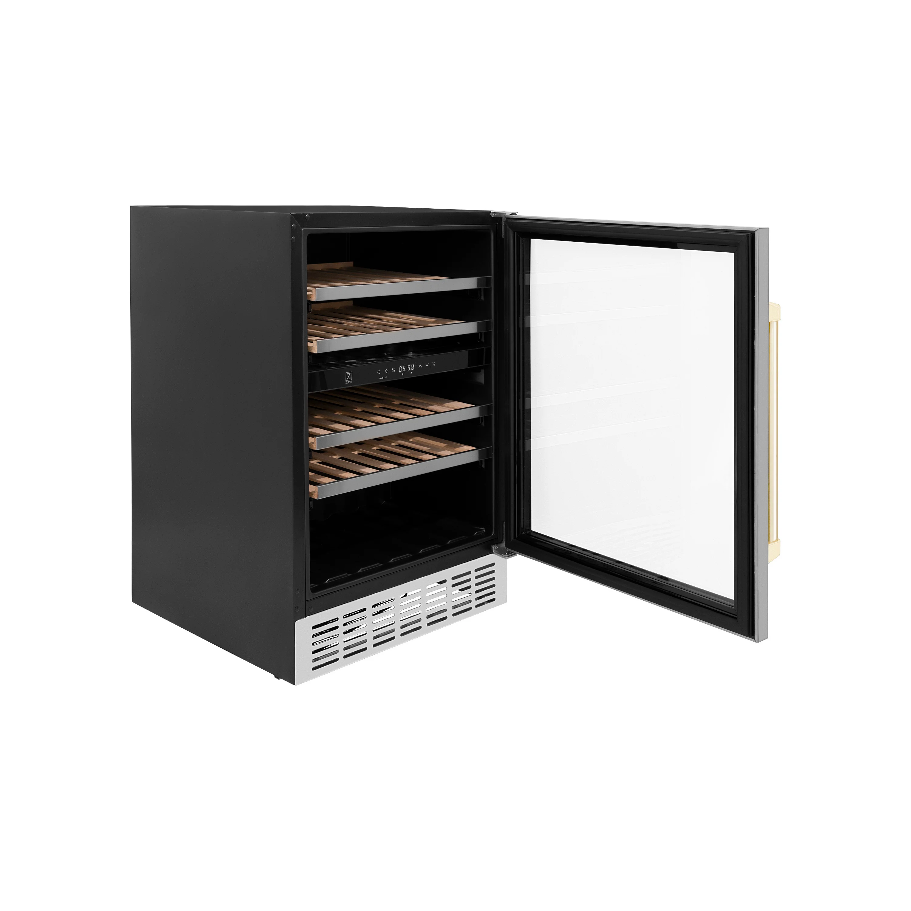 ZLINE 24" Autograph Edition Dual Zone 44-Bottle Wine Cooler in Stainless Steel with Wood Shelf and Polished Gold Accents (RWVZ-UD-24-G) - Image 6