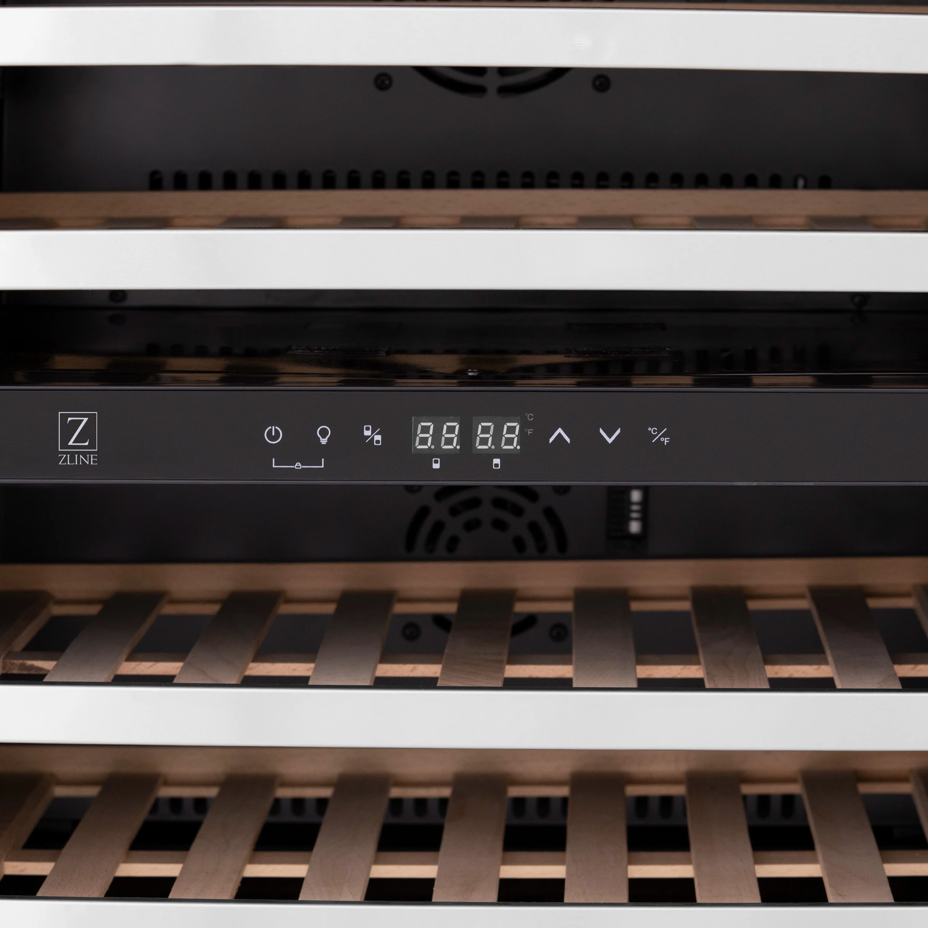 ZLINE 24" Autograph Edition Dual Zone 44-Bottle Wine Cooler in Stainless Steel with Wood Shelf and Polished Gold Accents (RWVZ-UD-24-G) - Image 7