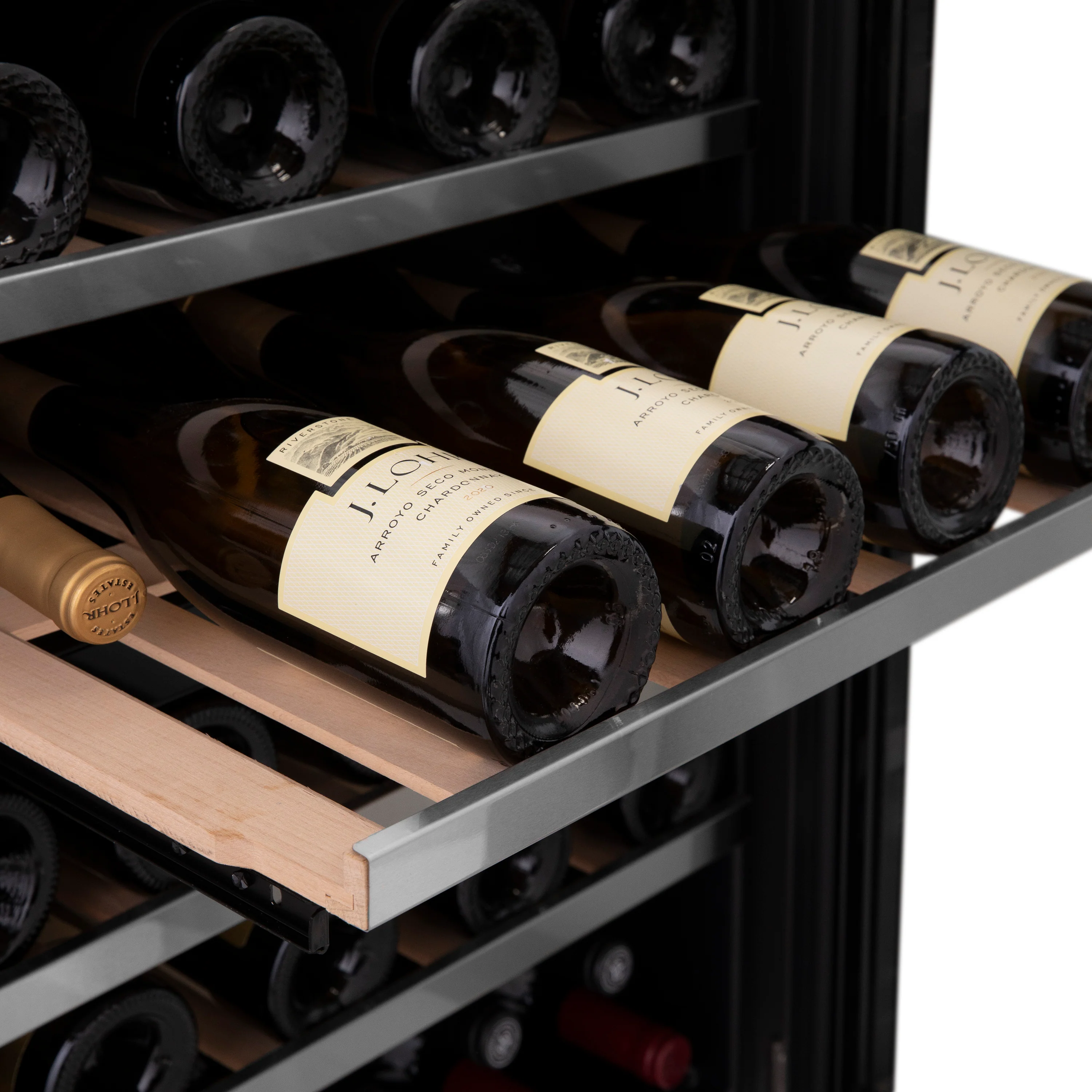 ZLINE 24" Autograph Edition Dual Zone 44-Bottle Wine Cooler in Stainless Steel with Wood Shelf and Matte Black Accents (RWVZ-UD-24-MB) - Image 13