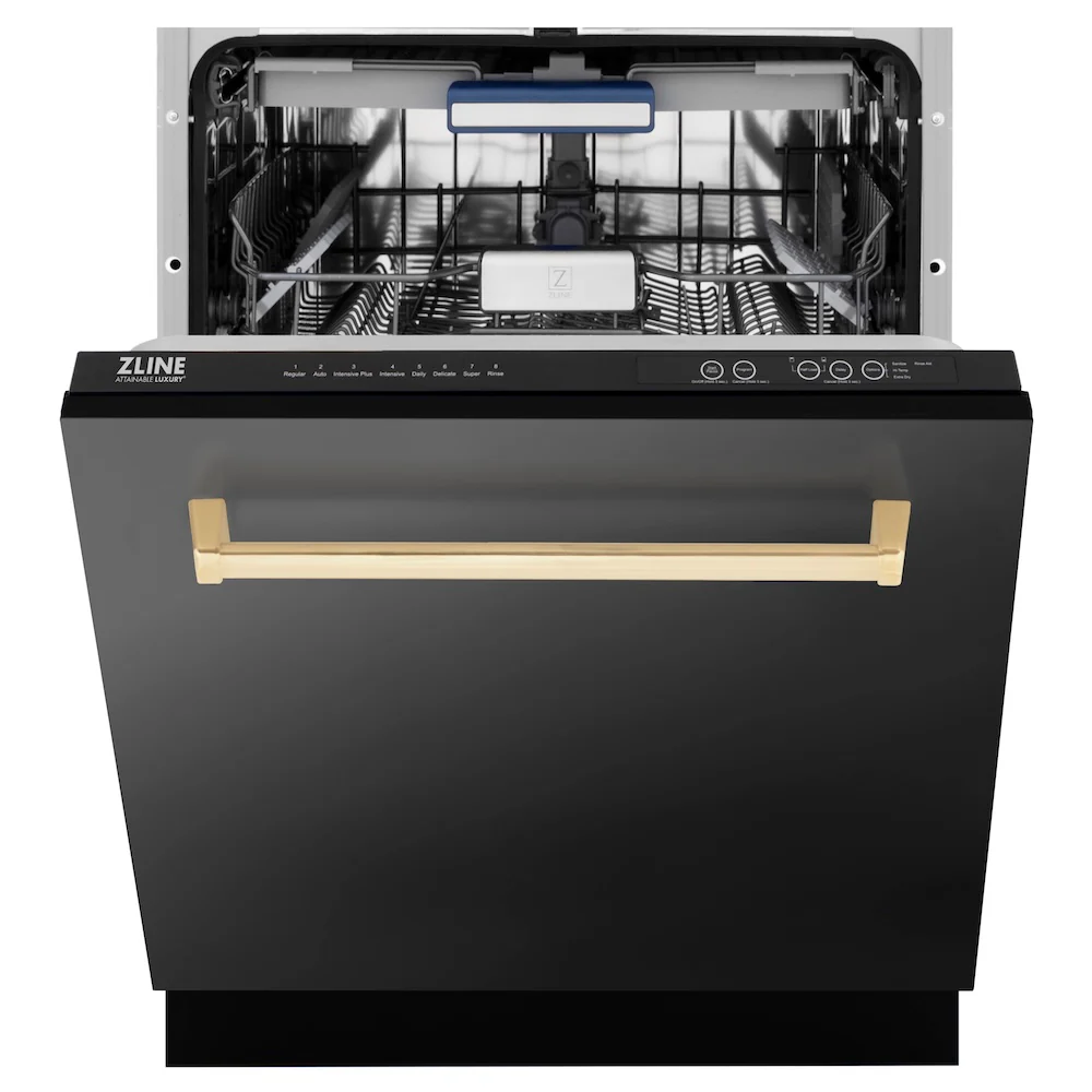 ZLINE Autograph Edition 24 in. Tallac Series 3rd Rack Top Control Built-In Tall Tub Dishwasher in Black Stainless Steel with Champagne Bronze Handle, 51dBa (DWVZ-BS-24-CB) - Image 4