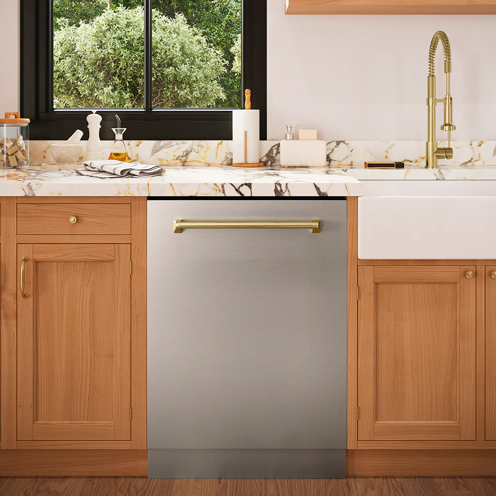 ZLINE Autograph Edition 24 in. Tallac Series 3rd Rack Top Control Built-In Tall Tub Dishwasher in Stainless Steel with Champagne Bronze Handle, 51dBa (DWVZ-304-24-CB) - Image 2