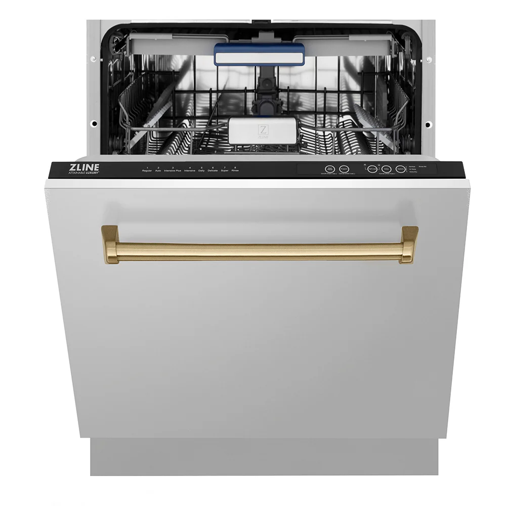 ZLINE Autograph Edition 24 in. Tallac Series 3rd Rack Top Control Built-In Tall Tub Dishwasher in Stainless Steel with Champagne Bronze Handle, 51dBa (DWVZ-304-24-CB) - Image 4