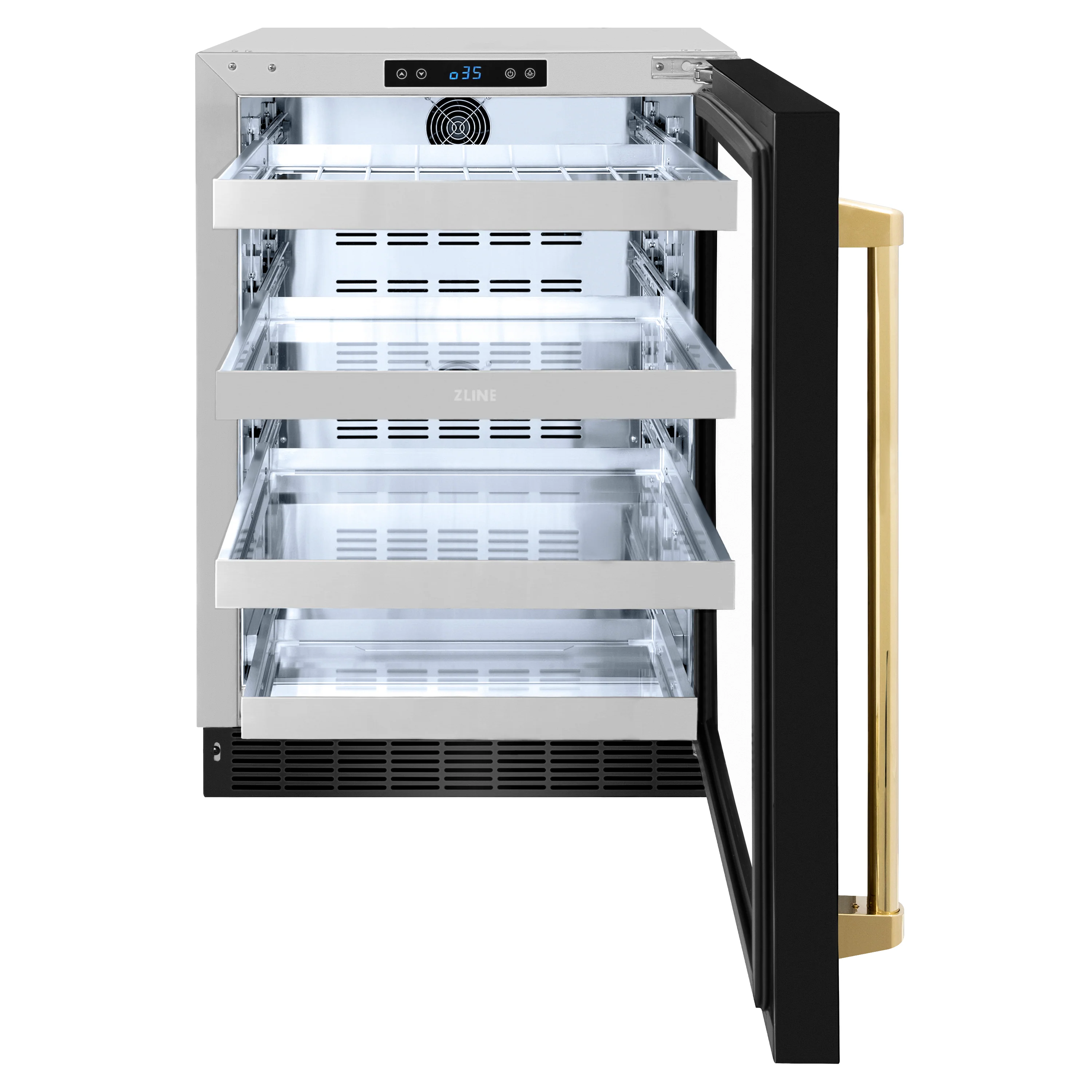 ZLINE Autograph Edition 24 in. Touchstone 151 Can Beverage Fridge With Black Stainless Steel Glass Door And Polished Gold Handle (RBSOZ-BS-24-G) - Image 3