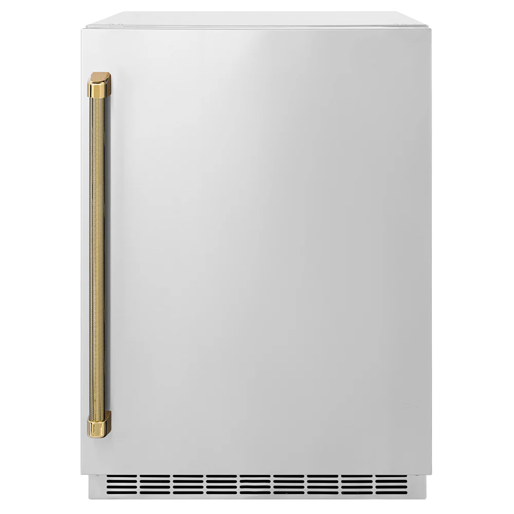 ZLINE Autograph Edition 24 in. Touchstone 151 Can Beverage Fridge with Solid Stainless Steel Door and Polished Gold Helix Handle (RBSOZ-ST-24-KG)