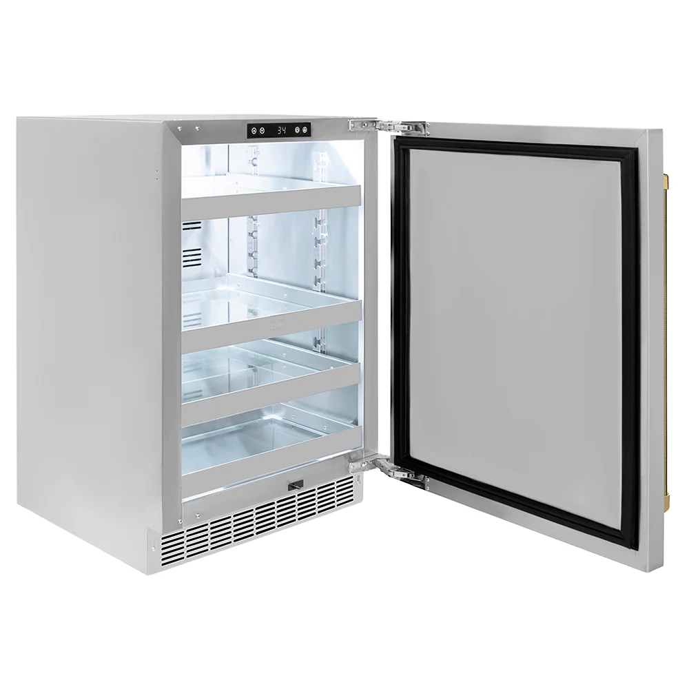 ZLINE Autograph Edition 24 in. Touchstone 151 Can Beverage Fridge with Solid Stainless Steel Door and Polished Gold Helix Handle (RBSOZ-ST-24-KG) - Image 4
