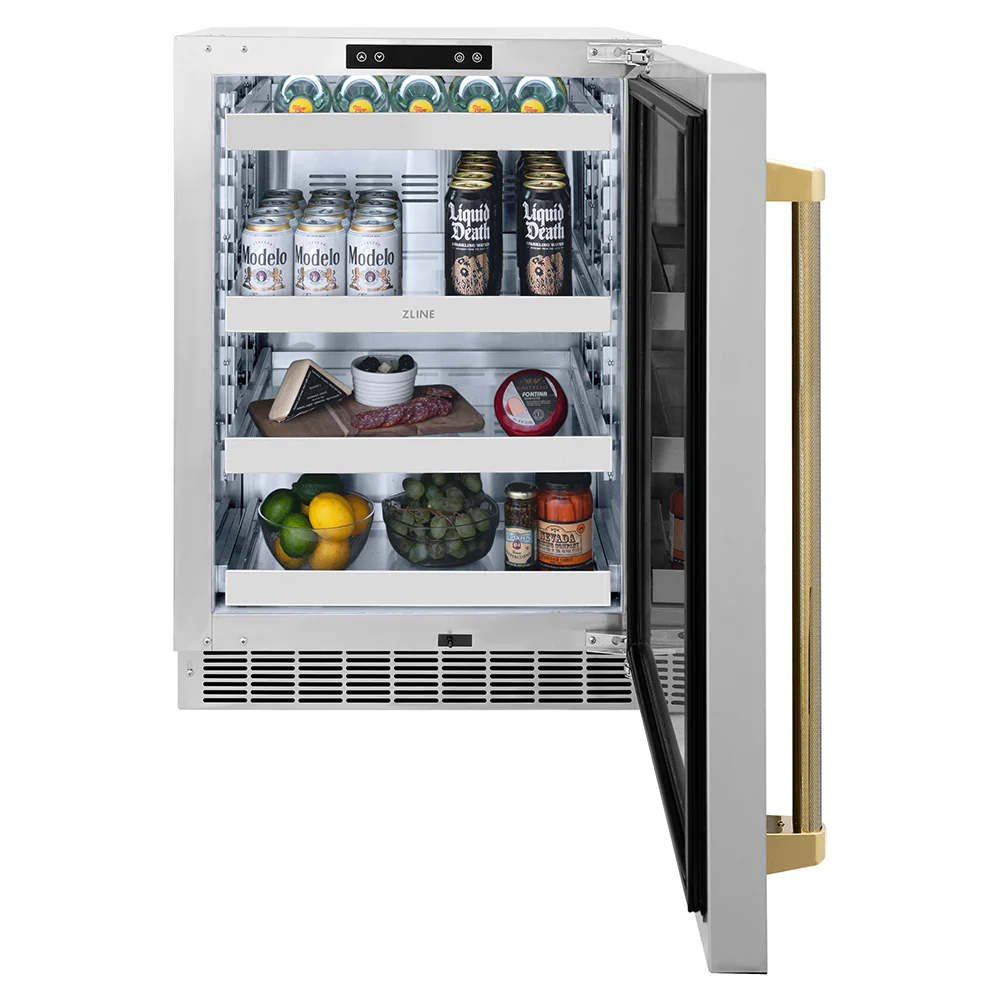 ZLINE Autograph Edition 24 in. Touchstone 151 Can Beverage Fridge with Solid Stainless Steel Door and Polished Gold Helix Handle (RBSOZ-ST-24-KG) - Image 7