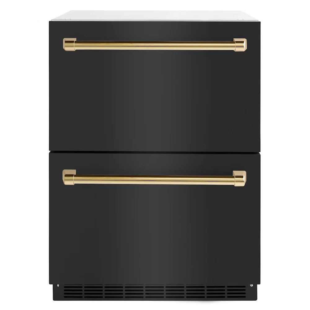 ZLINE Autograph Edition 24 in. Touchstone 168 Can Outdoor-Rated Dual Refrigerator Drawer with Black Stainless Steel Doors and Polished Gold Handles (RDSOZ-BS-24-G)