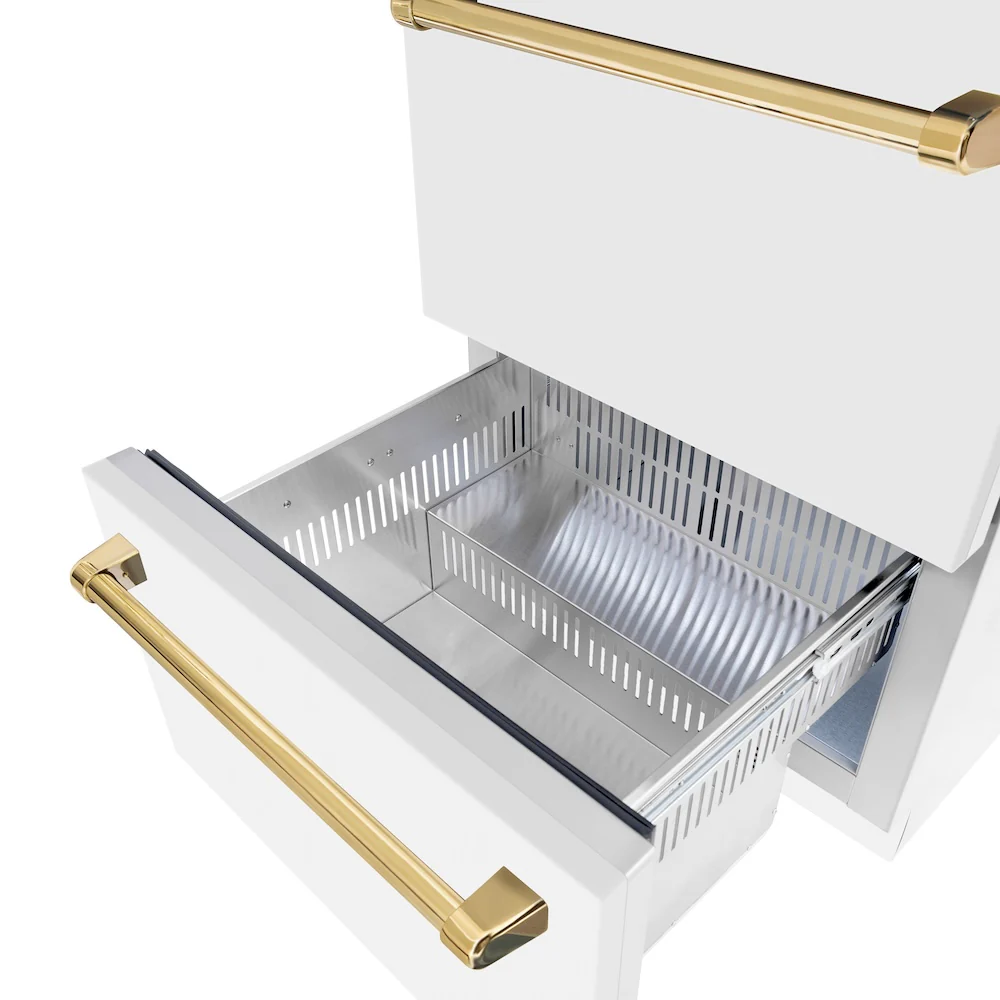 ZLINE Autograph Edition 24 in. Touchstone 168 Can Outdoor-Rated Dual Refrigerator Drawer with White Matte Doors and Polished Gold Handles (RDSOZ-WM-24-G) - Image 7