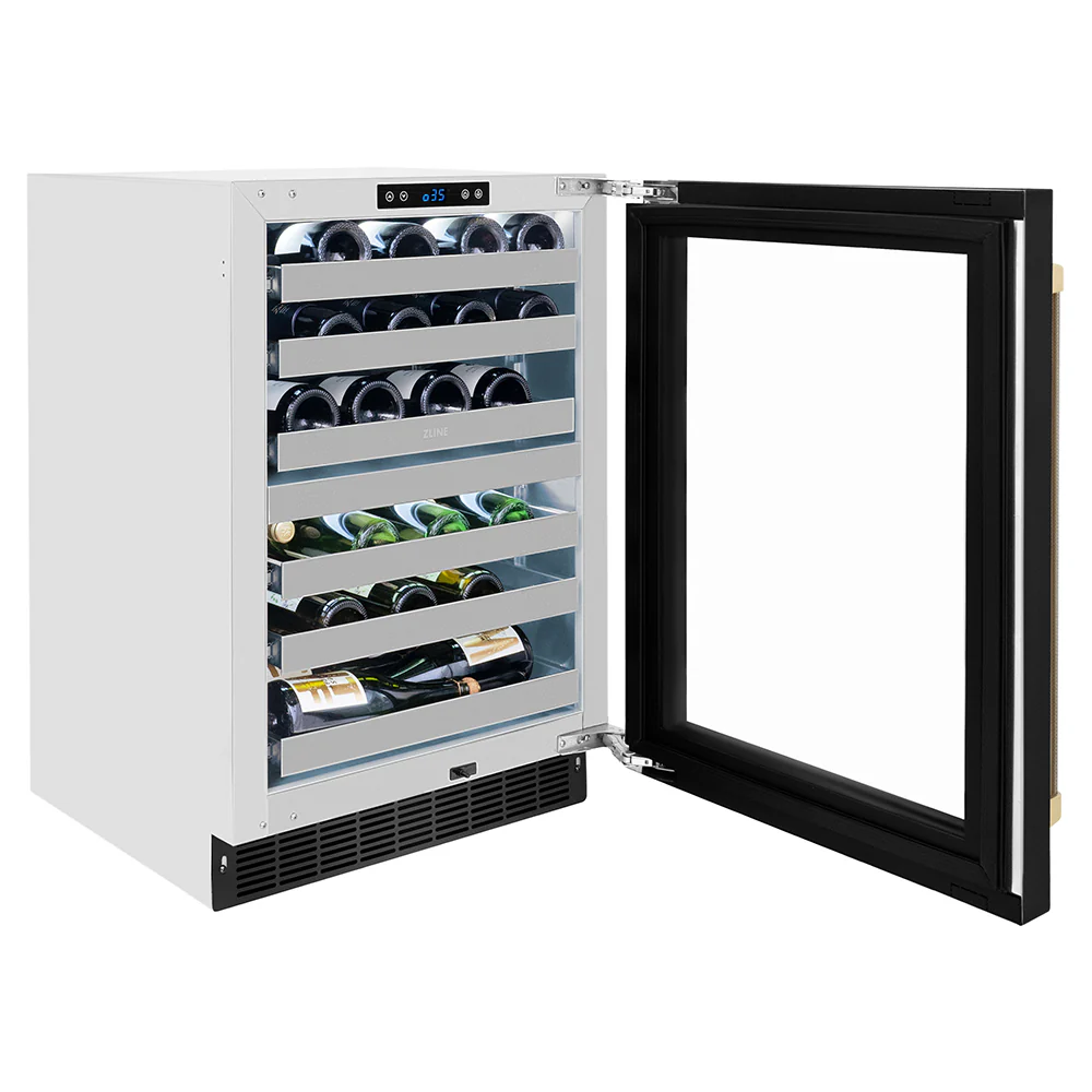 ZLINE Autograph Edition 24 in. Touchstone Dual Zone 44 Bottle Wine Cooler with Black Stainless Steel Glass Door and Champagne Bronze Helix Handle (RWDOZ-BS-24-KCB) - Image 4