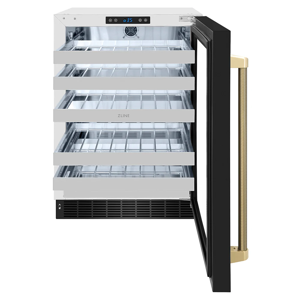 ZLINE Autograph Edition 24 in. Touchstone Dual Zone 44 Bottle Wine Cooler with Black Stainless Steel Glass Door and Champagne Bronze Helix Handle (RWDOZ-BS-24-KCB) - Image 6
