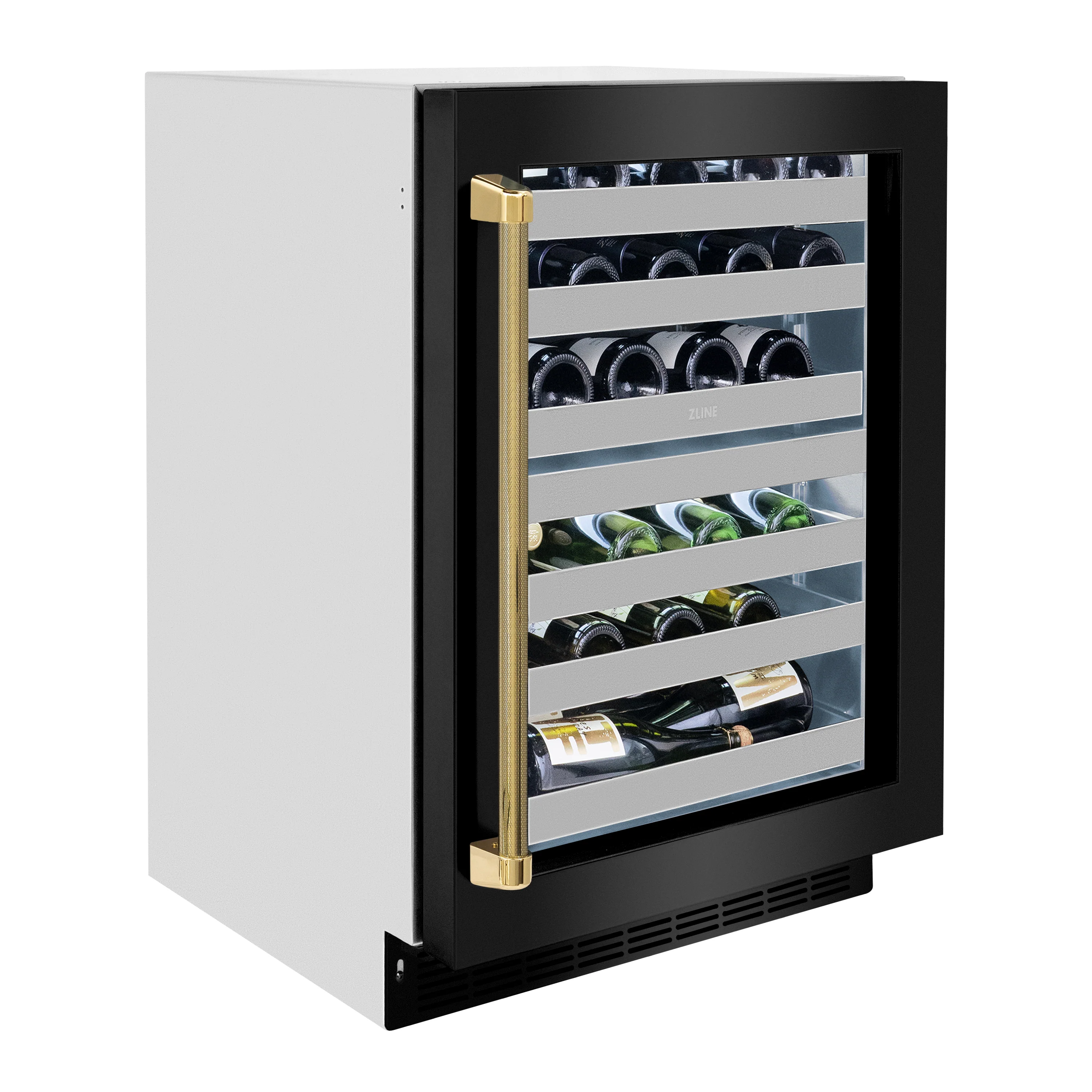 ZLINE Autograph Edition 24 in. Touchstone Dual Zone 44 Bottle Wine Cooler with Black Stainless Steel Glass Door and Polished Gold Helix Handle (RWDOZ-BS-24-KG) - Image 5