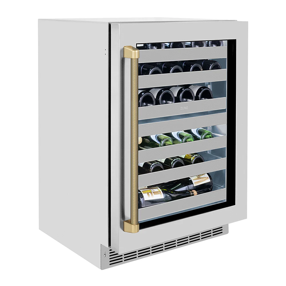ZLINE Autograph Edition 24 in. Touchstone Dual Zone 44 Bottle Wine Cooler with Stainless Steel Glass Door and Champagne Bronze Helix Handle (RWDOZS-24-KCB) - Image 12