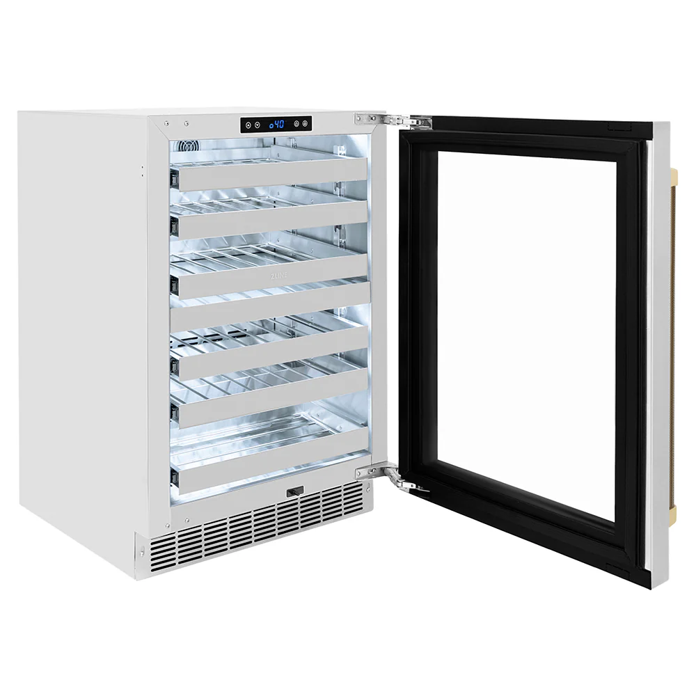 ZLINE Autograph Edition 24 in. Touchstone Dual Zone 44 Bottle Wine Cooler with Stainless Steel Glass Door and Champagne Bronze Helix Handle (RWDOZS-24-KCB) - Image 4