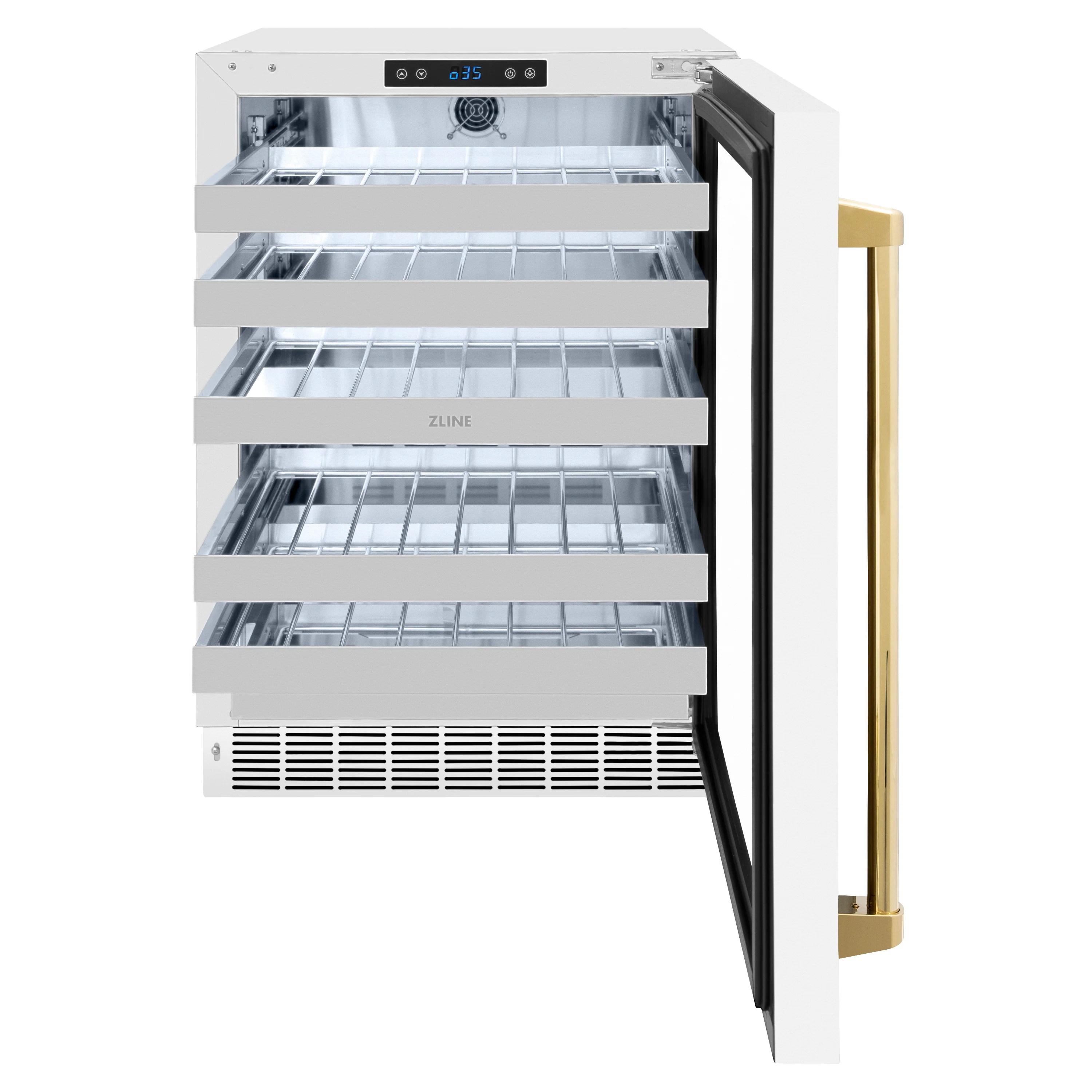 ZLINE Autograph Edition 24 in. Touchstone Dual Zone 44 Bottle Wine Cooler With White Matte Glass Door And Polished Gold Handle (RWDOZ-WM-24-G) - Image 3