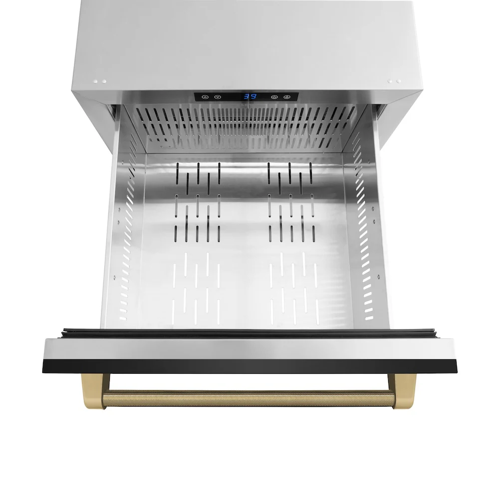 ZLINE Autograph Edition 24 in. Touchstone 168 Can Outdoor-Rated Dual Refrigerator Drawer with Black Stainless Steel Doors and Champagne Bronze Helix Handles (RDSOZ-BS-24-KCB) - Image 8