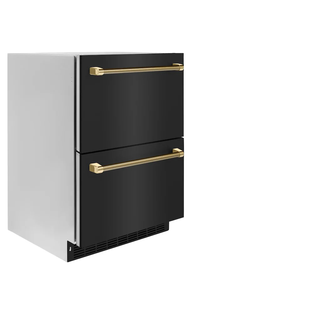 ZLINE Autograph Edition 24 in. Touchstone 168 Can Outdoor-Rated Dual Refrigerator Drawer with Black Stainless Steel Doors and Polished Gold Helix Handles (RDSOZ-BS-24-KG) - Image 4