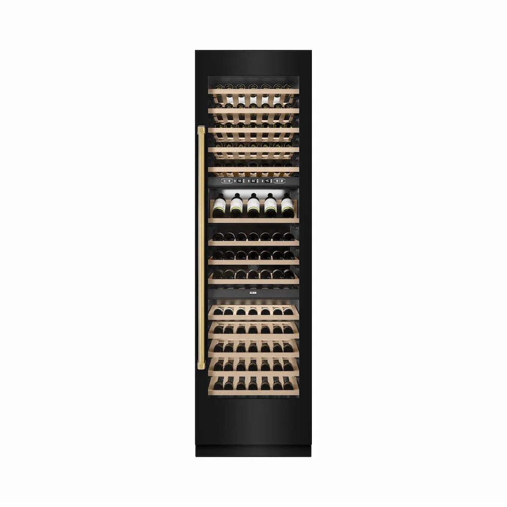 ZLINE Autograph Edition 24 in. 12.4 cu. ft. Triple Zone 100 Bottle Column Wine Cooler in Black Stainless Steel and Polished Gold Accents (RCWVZ-BS-24-G) - Image 2