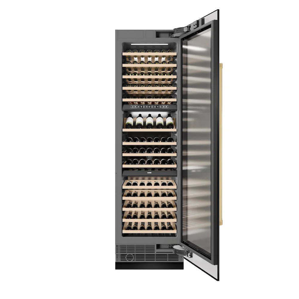 ZLINE Autograph Edition 24 in. 12.4 cu. ft. Triple Zone 100 Bottle Column Wine Cooler in Black Stainless Steel and Polished Gold Accents (RCWVZ-BS-24-G) - Image 4