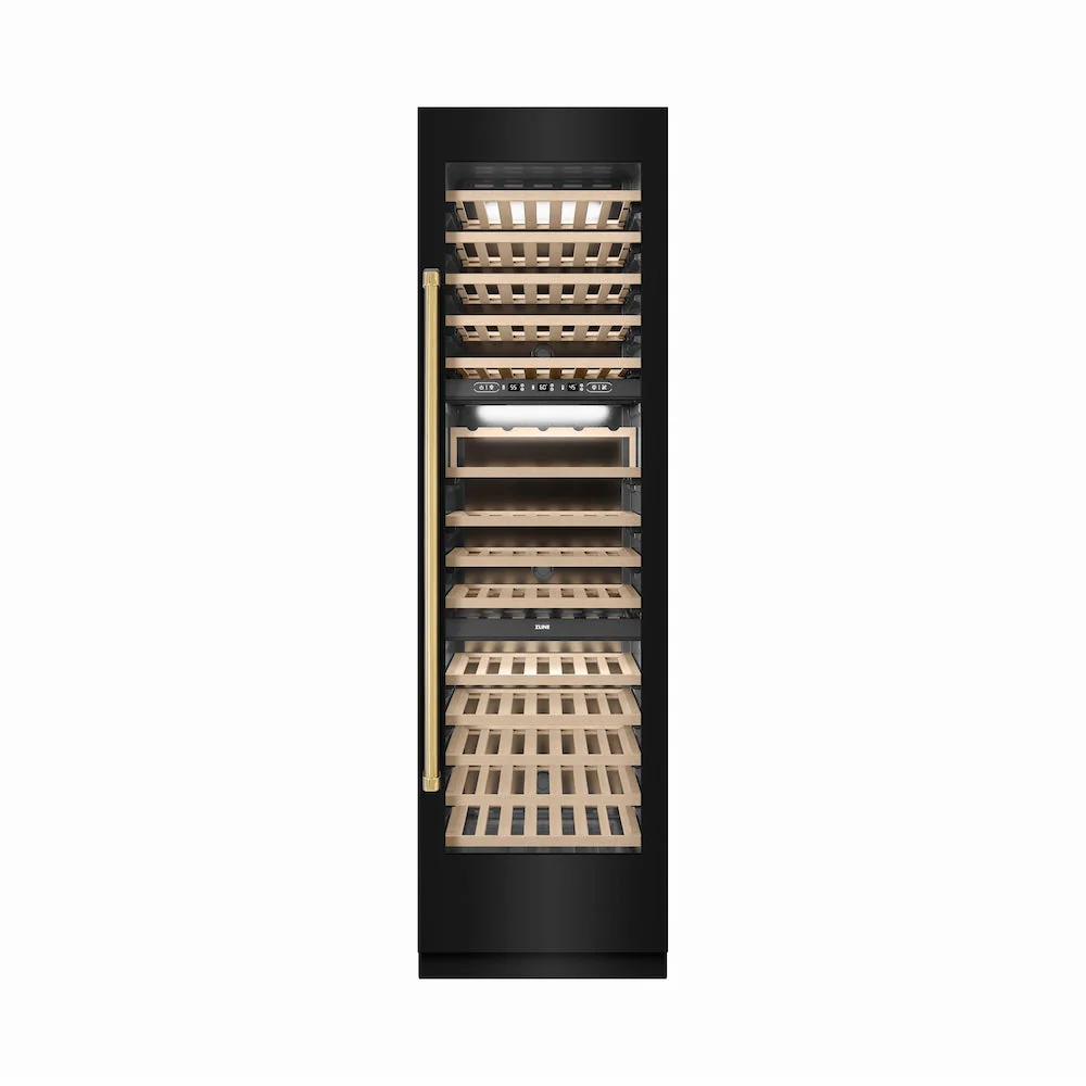 ZLINE Autograph Edition 24 in. 12.4 cu. ft. Triple Zone 100 Bottle Column Wine Cooler in Black Stainless Steel and Polished Gold Accents (RCWVZ-BS-24-G) - Image 5