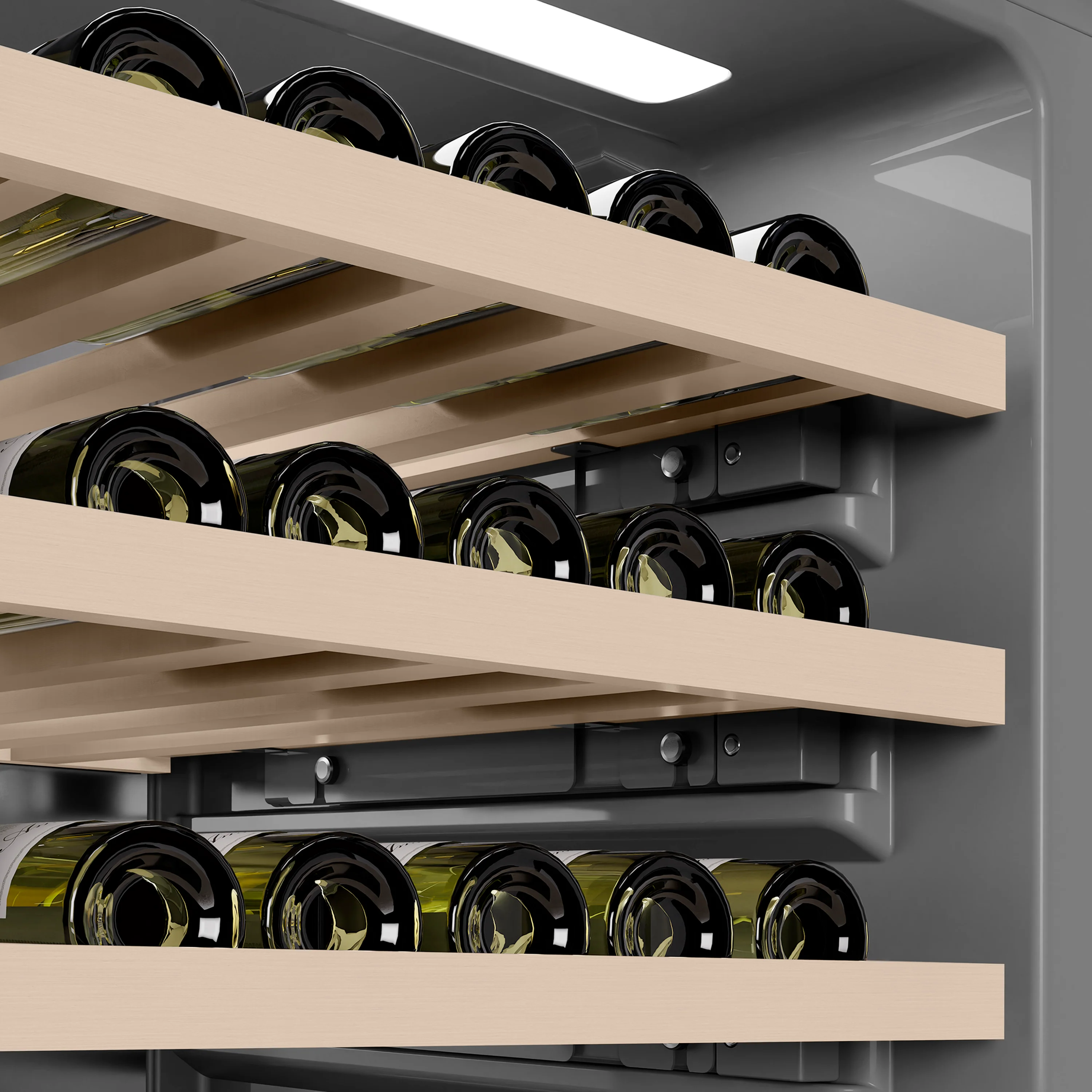 ZLINE Autograph Edition 24 in. 12.4 cu. ft. Triple Zone 100 Bottle Column Wine Cooler in Satin Stainless Steel and Champagne Bronze Accents (RCWVZ-SN-24-CB) - Image 11
