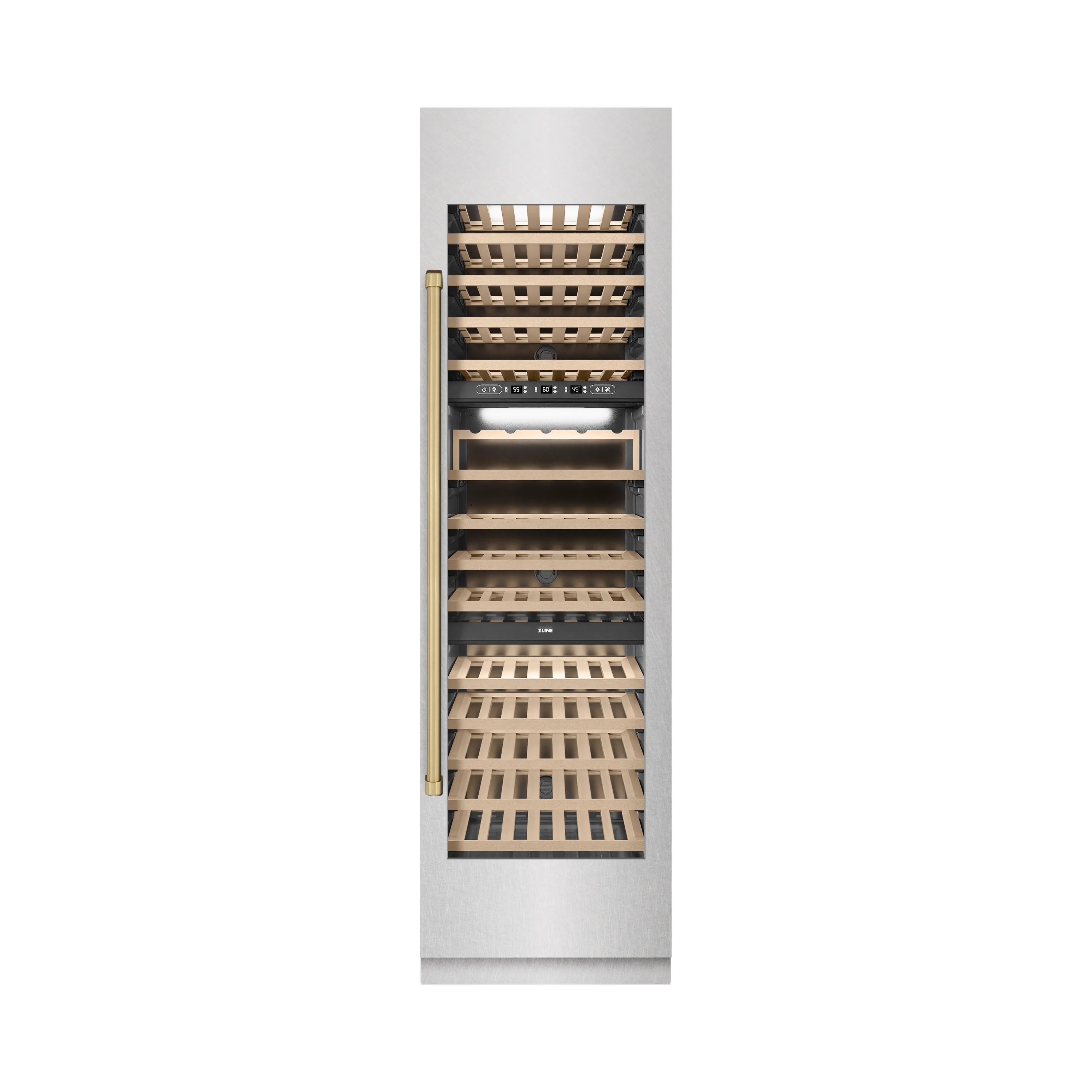 ZLINE Autograph Edition 24 in. 12.4 cu. ft. Triple Zone 100 Bottle Column Wine Cooler in Satin Stainless Steel and Champagne Bronze Accents (RCWVZ-SN-24-CB) - Image 4