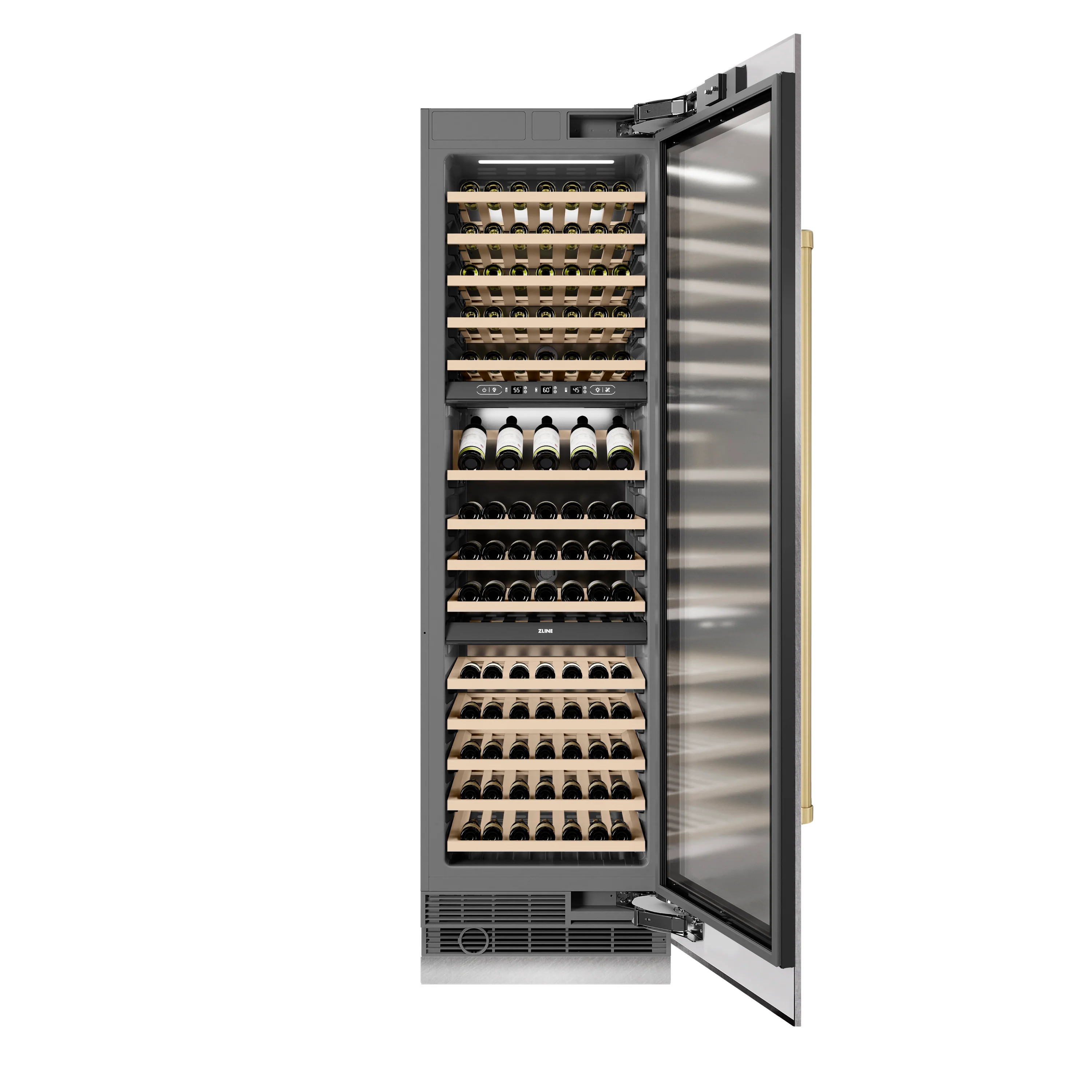 ZLINE Autograph Edition 24 in. 12.4 cu. ft. Triple Zone 100 Bottle Column Wine Cooler in Satin Stainless Steel and Champagne Bronze Accents (RCWVZ-SN-24-CB) - Image 6
