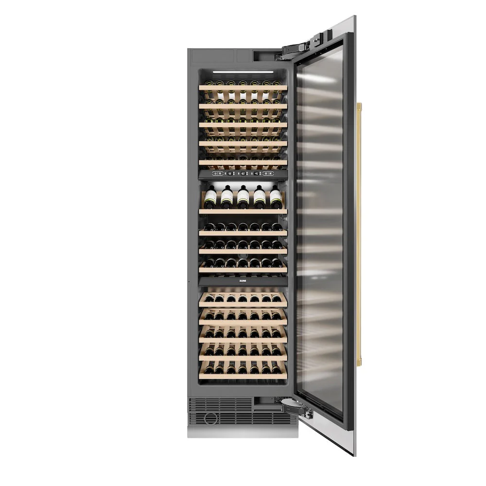 ZLINE Autograph Edition 24 in. 12.4 cu. ft. Triple Zone 100 Bottle Column Wine Cooler in Stainless Steel and Polished Gold Accents (RCWVZ-304-24-G) - Image 4