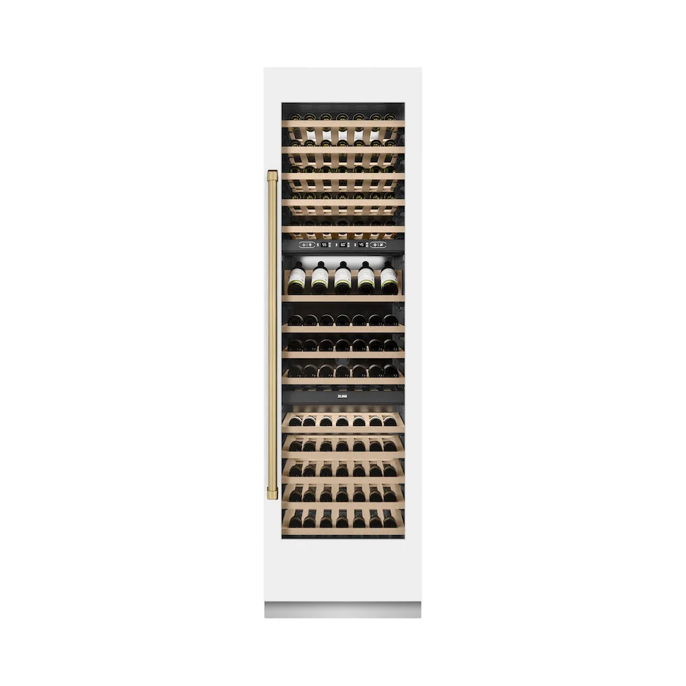 ZLINE Autograph Edition 24 in. 12.4 cu. ft. Triple Zone 100 Bottle Column Wine Cooler in White Matte and Champagne Bronze Accents (RCWVZ-WM-24-CB) - Image 2