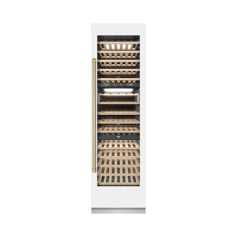 ZLINE Autograph Edition 24 in. 12.4 cu. ft. Triple Zone 100 Bottle Column Wine Cooler in White Matte and Champagne Bronze Accents (RCWVZ-WM-24-CB) - Image 5