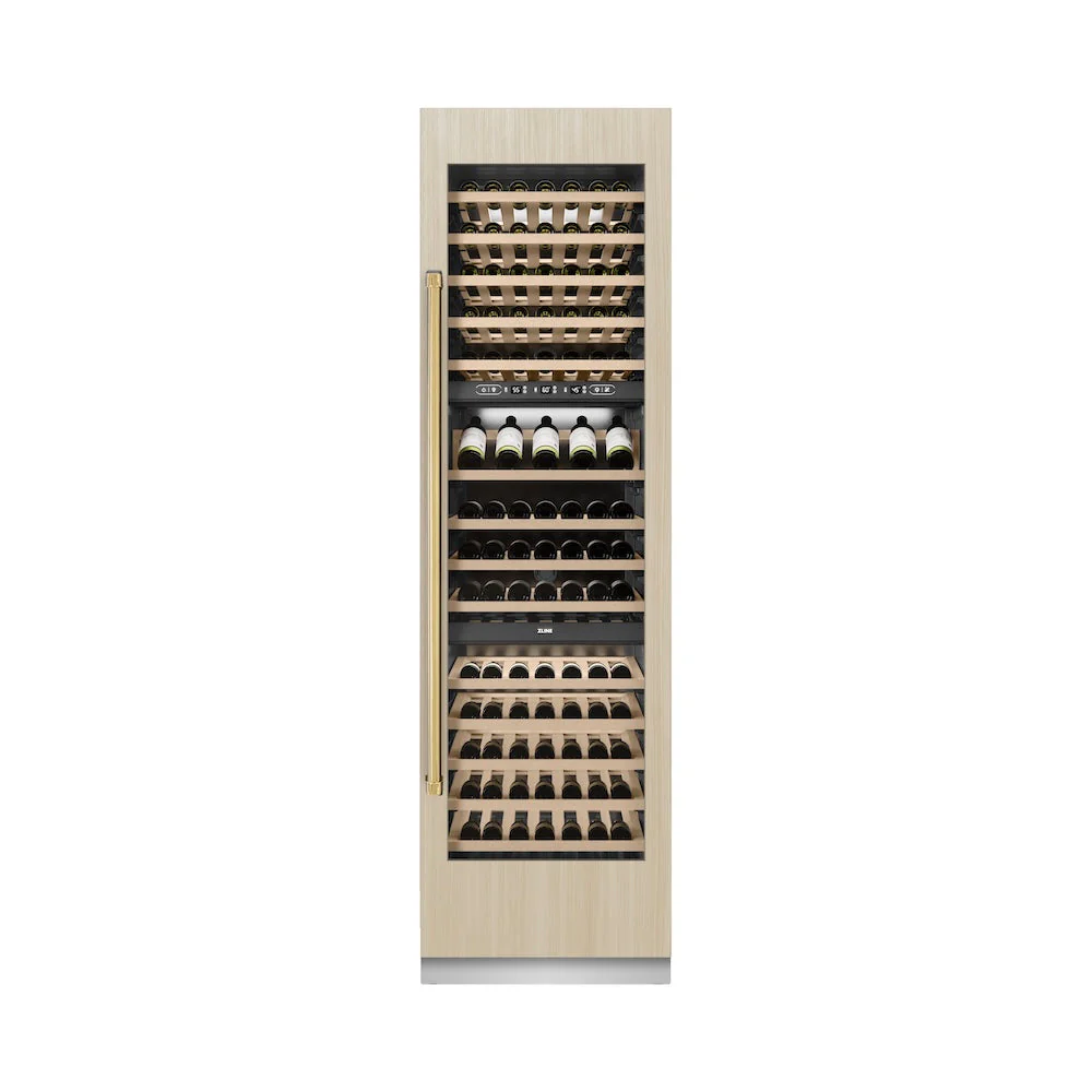 ZLINE Autograph Edition 24 in. 12.4 cu. ft. Triple Zone 100 Bottle Panel Ready Column Wine Cooler with Polished Gold Accents (RBCWVZ-24-G) - Image 9