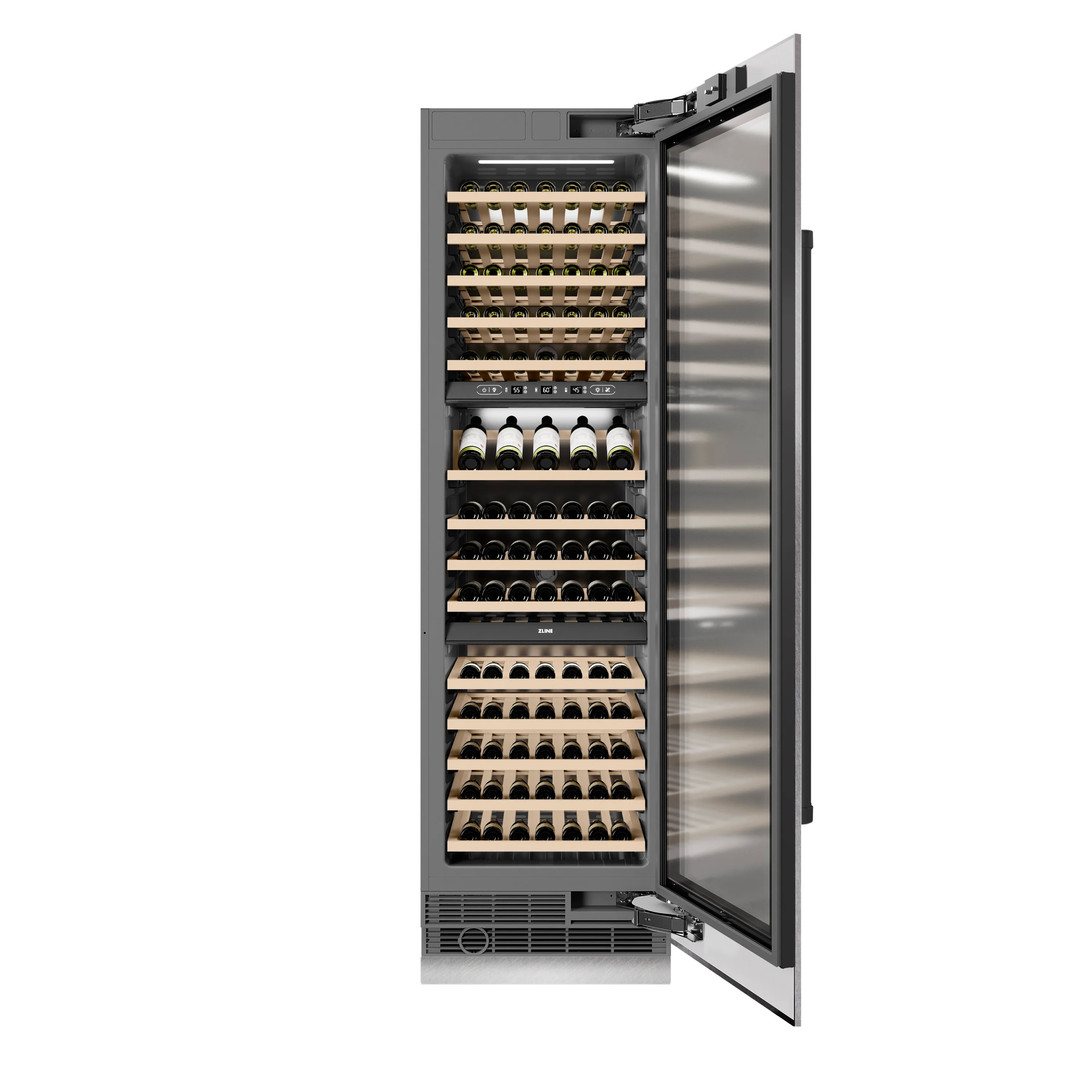 ZLINE Autograph Edition 24 in. 12.4 cu. ft. Triple Zone 100 Bottle Column Wine Cooler in Satin Stainless Steel and Matte Black Accents (RCWVZ-SN-24-MB) - Image 6