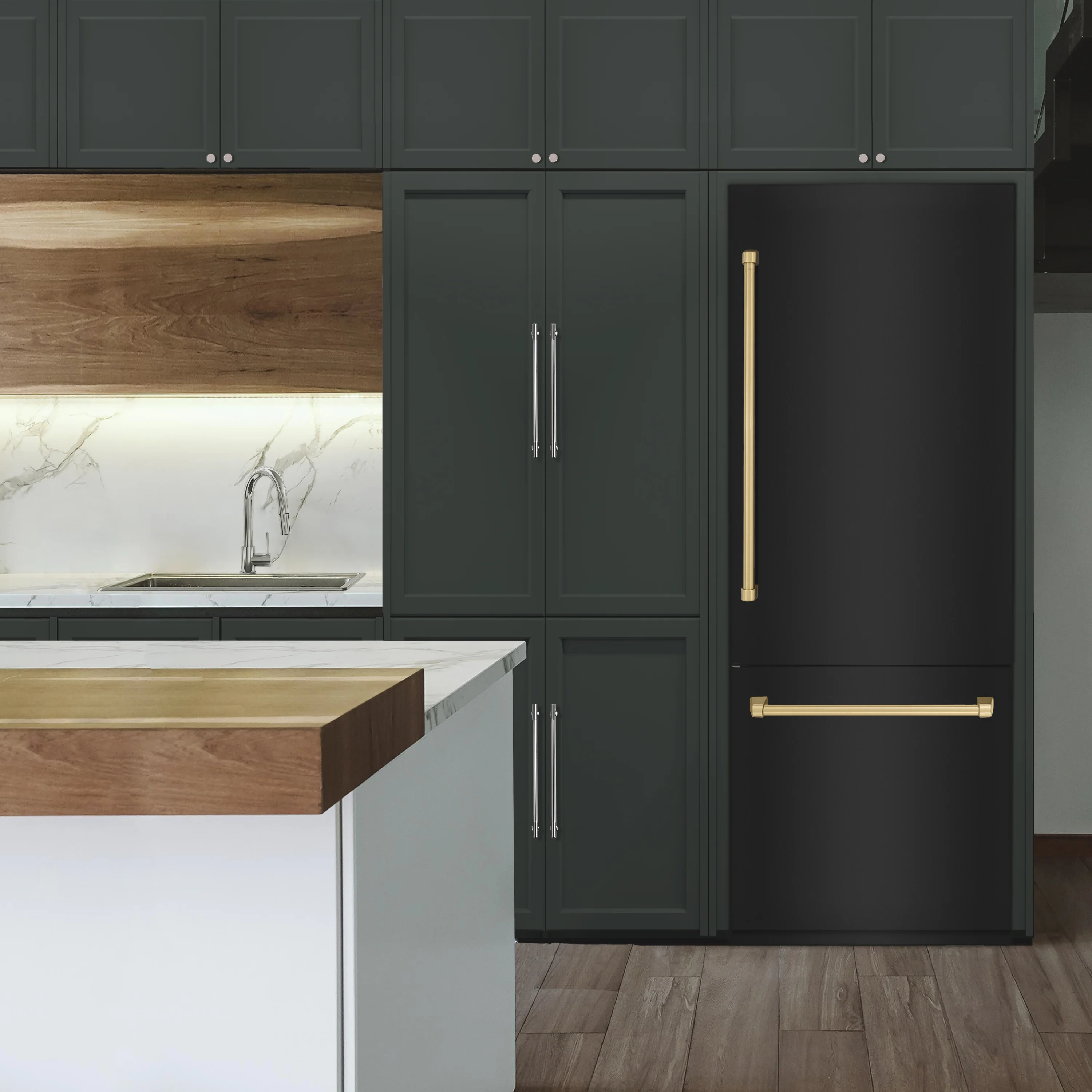 ZLINE Autograph Edition 30 in. 16.1 cu. ft. Built-In Bottom Freezer Refrigerator with Water Dispenser and Ice Maker in Black Stainless Steel with Champagne Bronze Accents (RBIVZ-BS-30-CB) - Image 2
