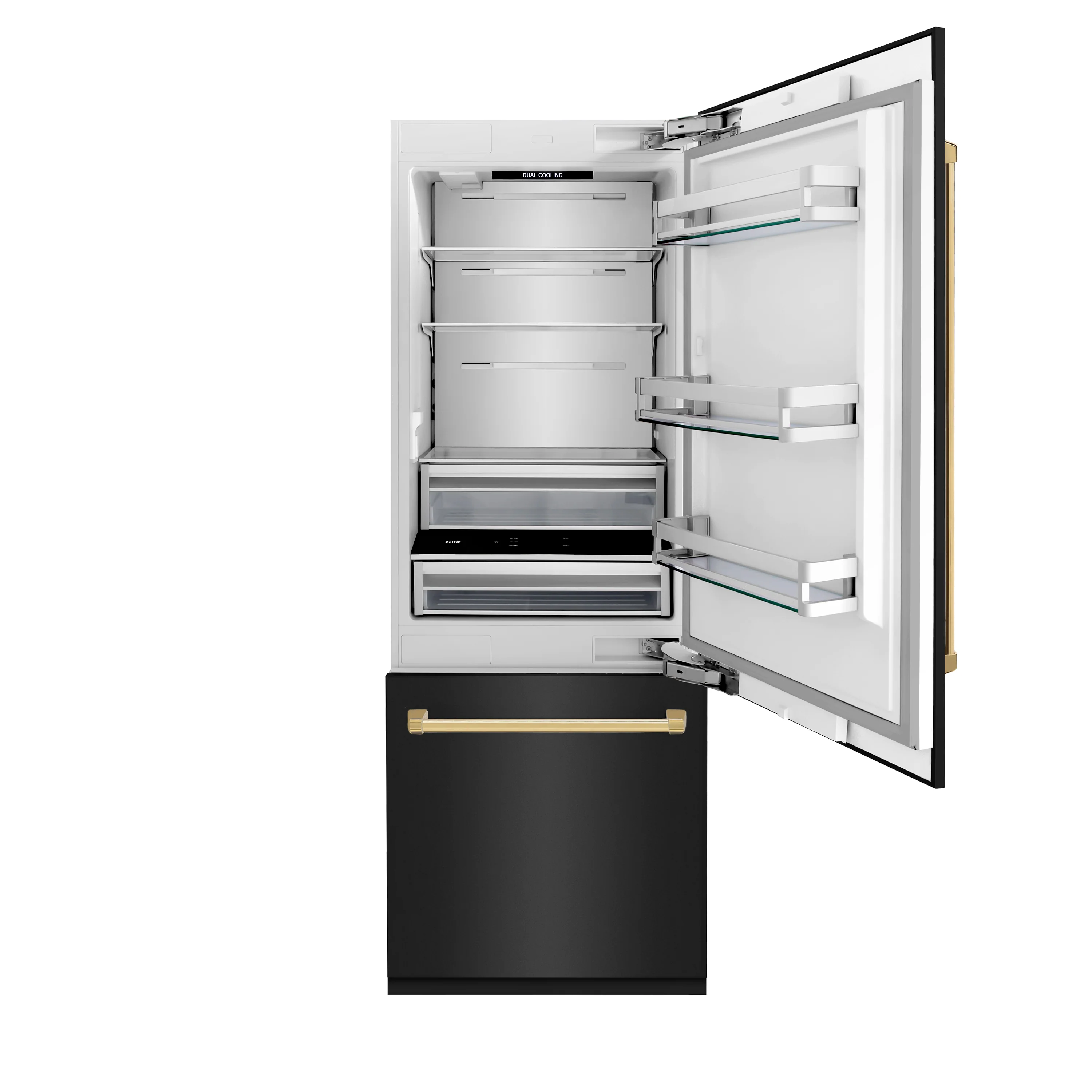 ZLINE Autograph Edition 30 in. 16.1 cu. ft. Built-In Bottom Freezer Refrigerator with Water Dispenser and Ice Maker in Black Stainless Steel with Polished Gold Accents (RBIVZ-BS-30-G) - Image 7