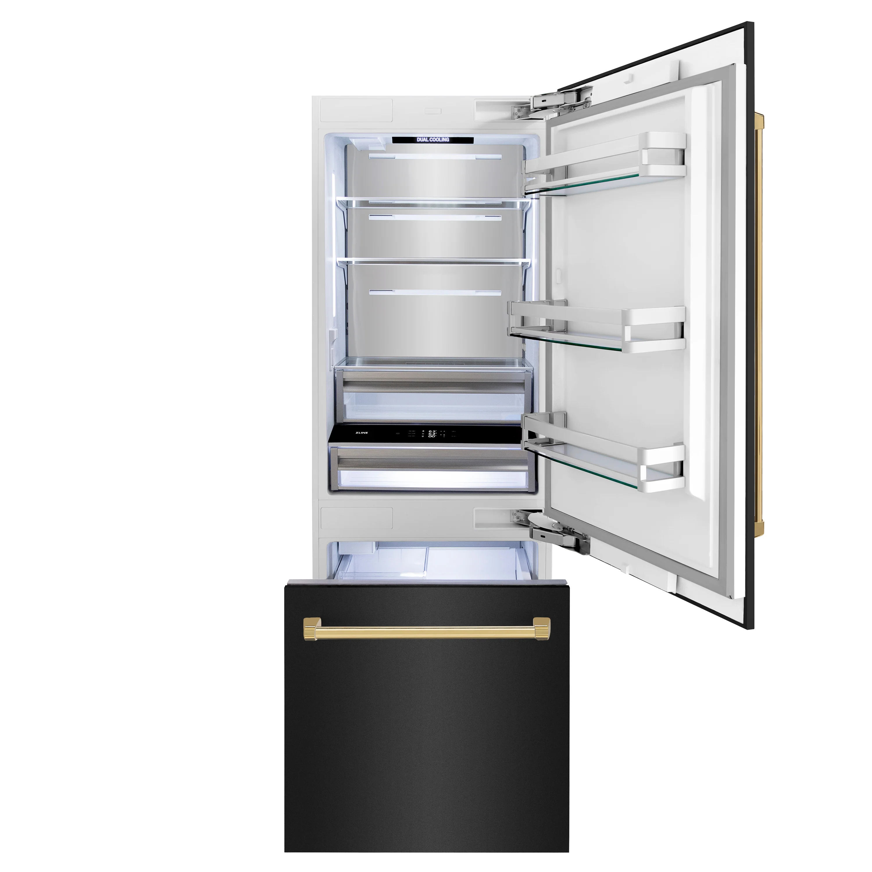ZLINE Autograph Edition 30 in. 16.1 cu. ft. Built-In Bottom Freezer Refrigerator with Water Dispenser and Ice Maker in Black Stainless Steel with Polished Gold Accents (RBIVZ-BS-30-G) - Image 9