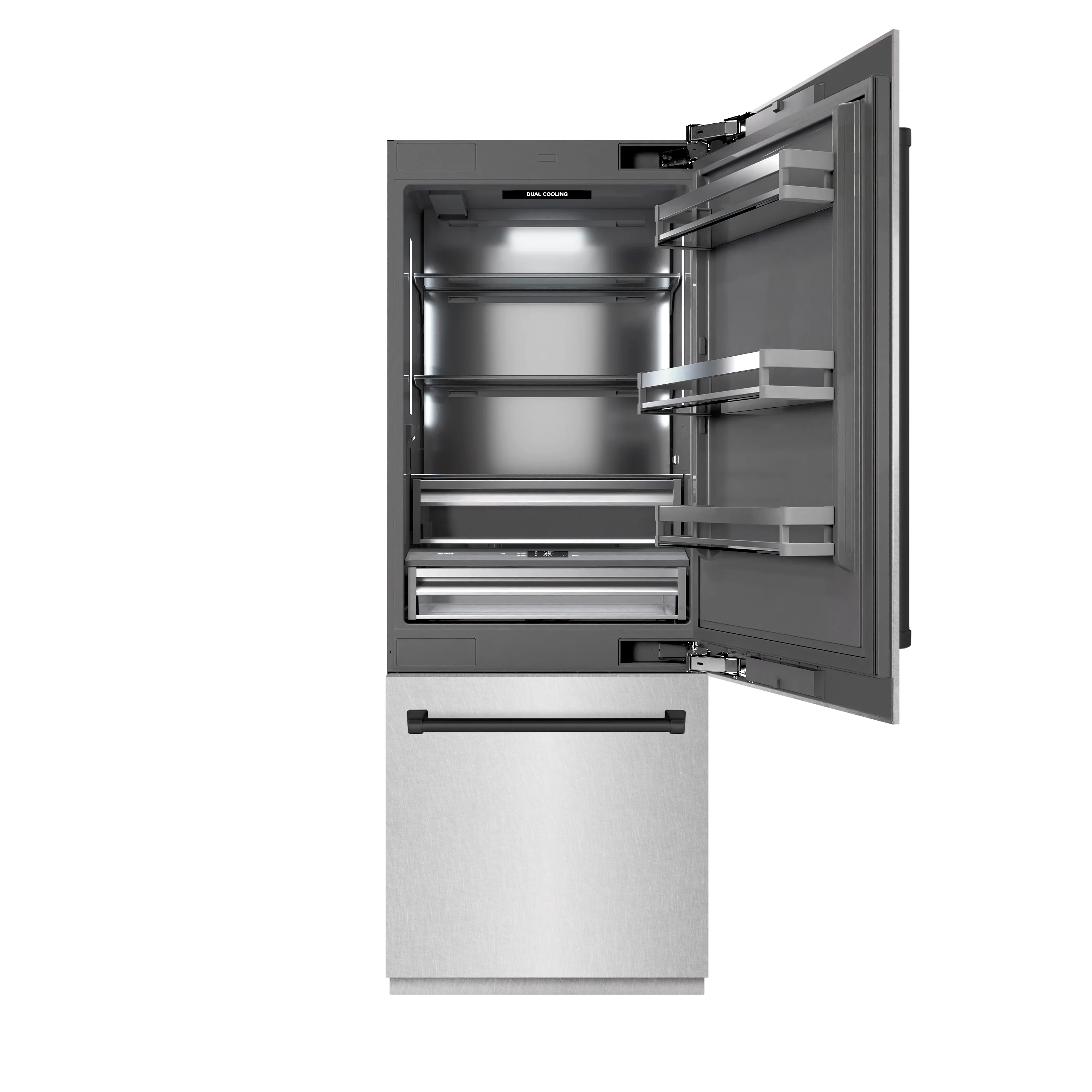 ZLINE Autograph Edition 30 in. 16.1 cu. ft. Built-In Bottom Freezer Refrigerator with Water Dispenser and Ice Maker in Satin Stainless Steel with Graphite Gray Interior and Matte Black Accents (GRBIVZ-SN-30-MB) - Image 5