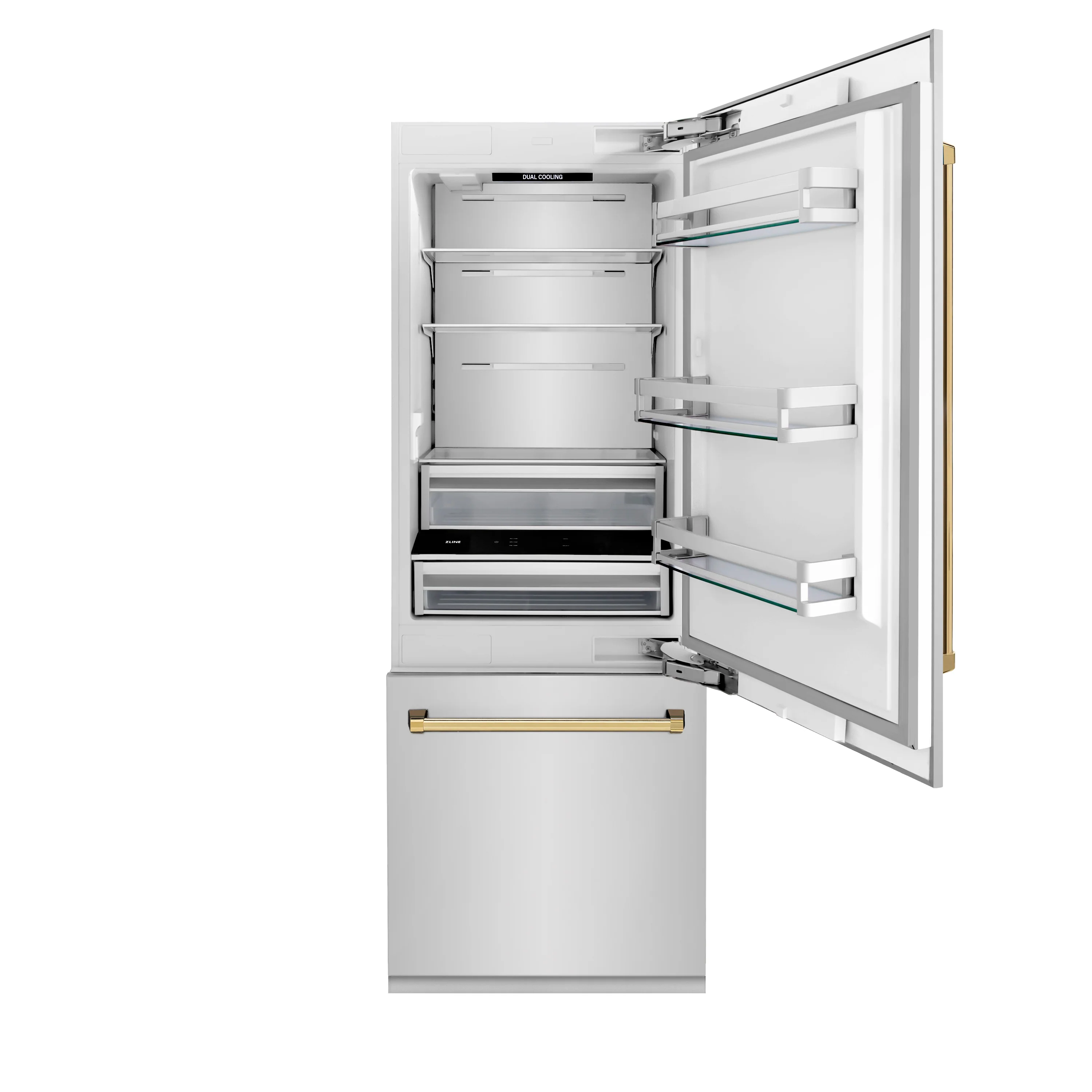 ZLINE Autograph Edition 30 in. 16.1 cu. ft. Built-In Bottom Freezer Refrigerator with Water Dispenser and Ice Maker in Stainless Steel with Polished Gold Accents (RBIVZ-304-30-G) - Image 4