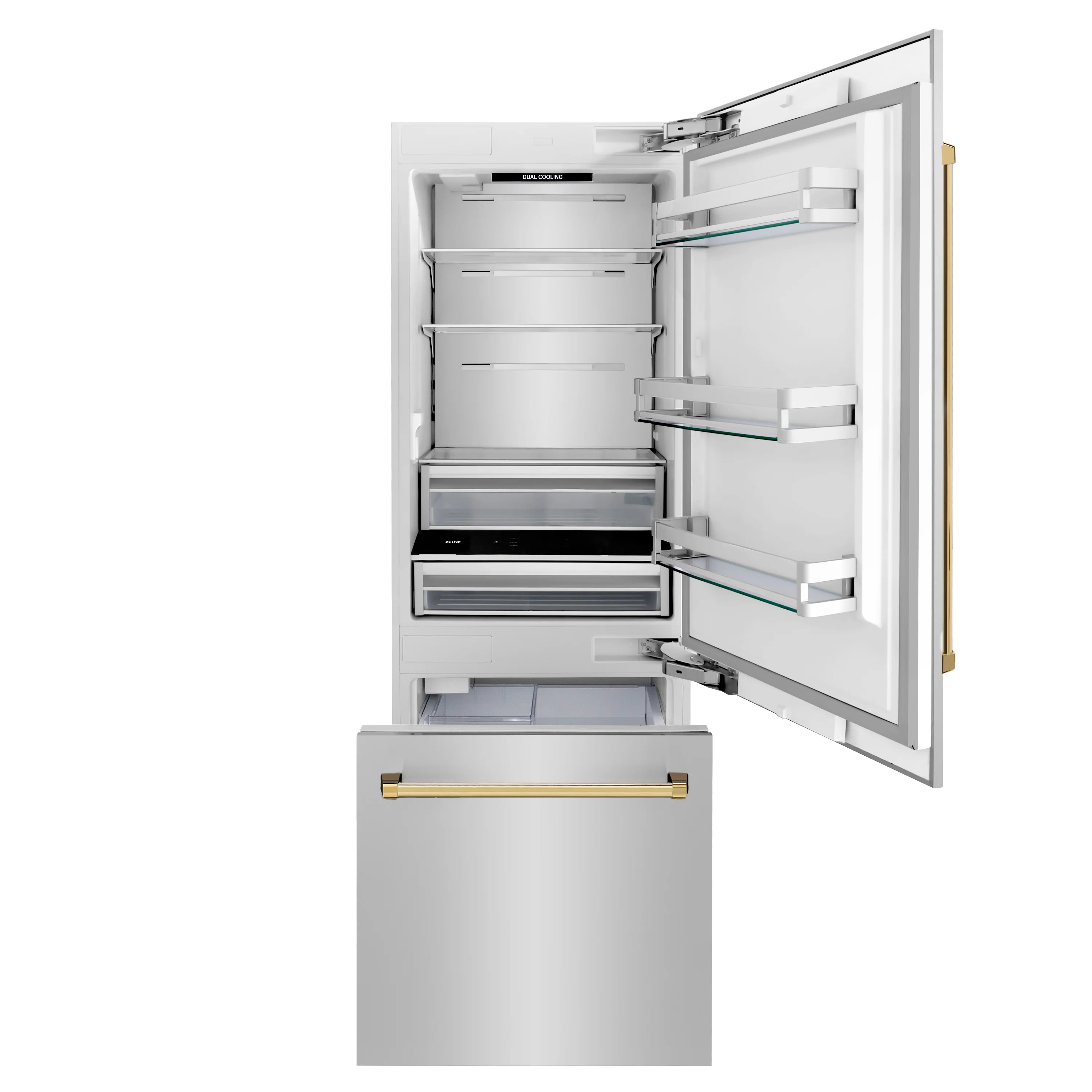 ZLINE Autograph Edition 30 in. 16.1 cu. ft. Built-In Bottom Freezer Refrigerator with Water Dispenser and Ice Maker in Stainless Steel with Polished Gold Accents (RBIVZ-304-30-G) - Image 5