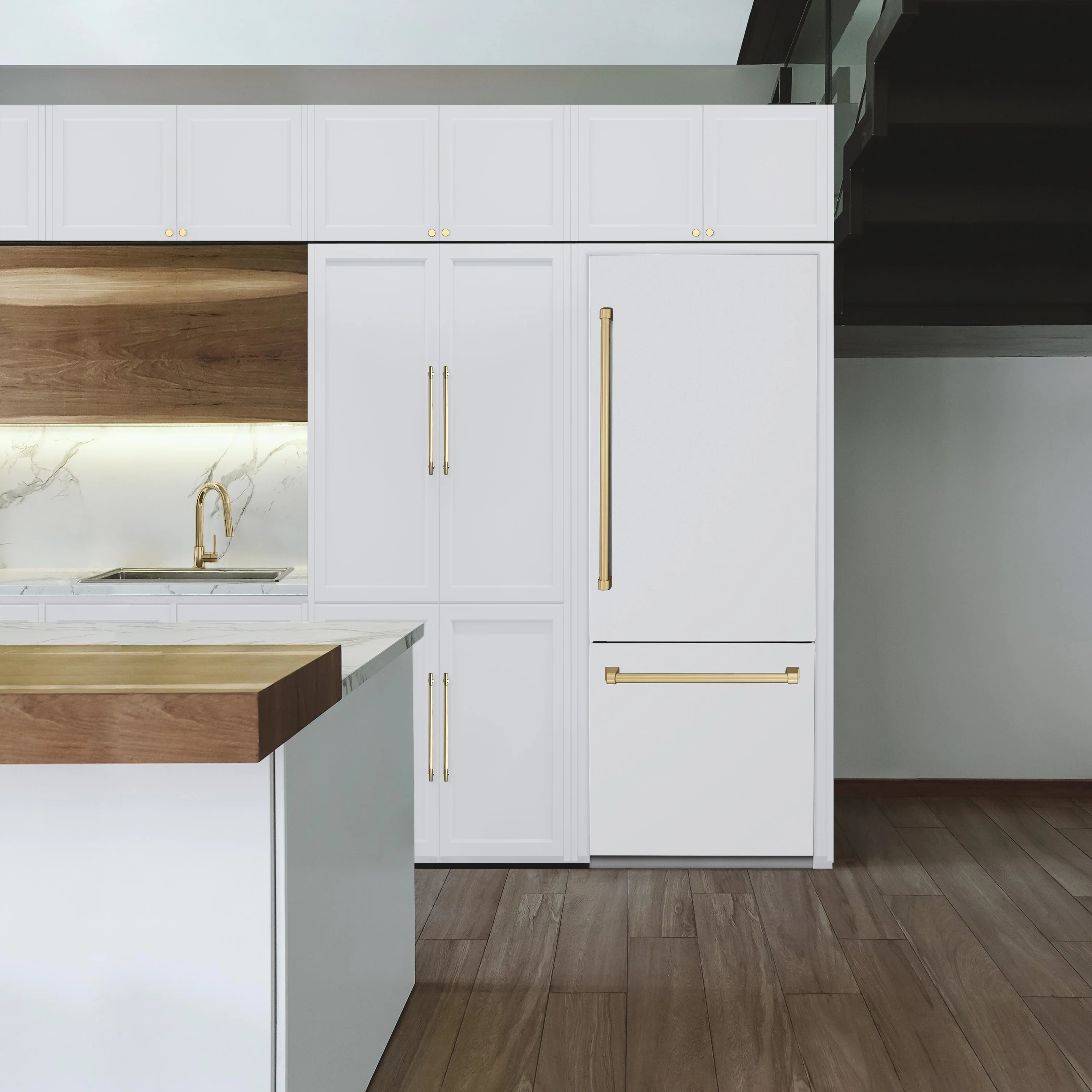 ZLINE Autograph Edition 30 in. 16.1 cu. ft. Built-In Bottom Freezer Refrigerator with Water Dispenser and Ice Maker in White Matte with Champagne Bronze Accents (RBIVZ-WM-30-CB) - Image 2