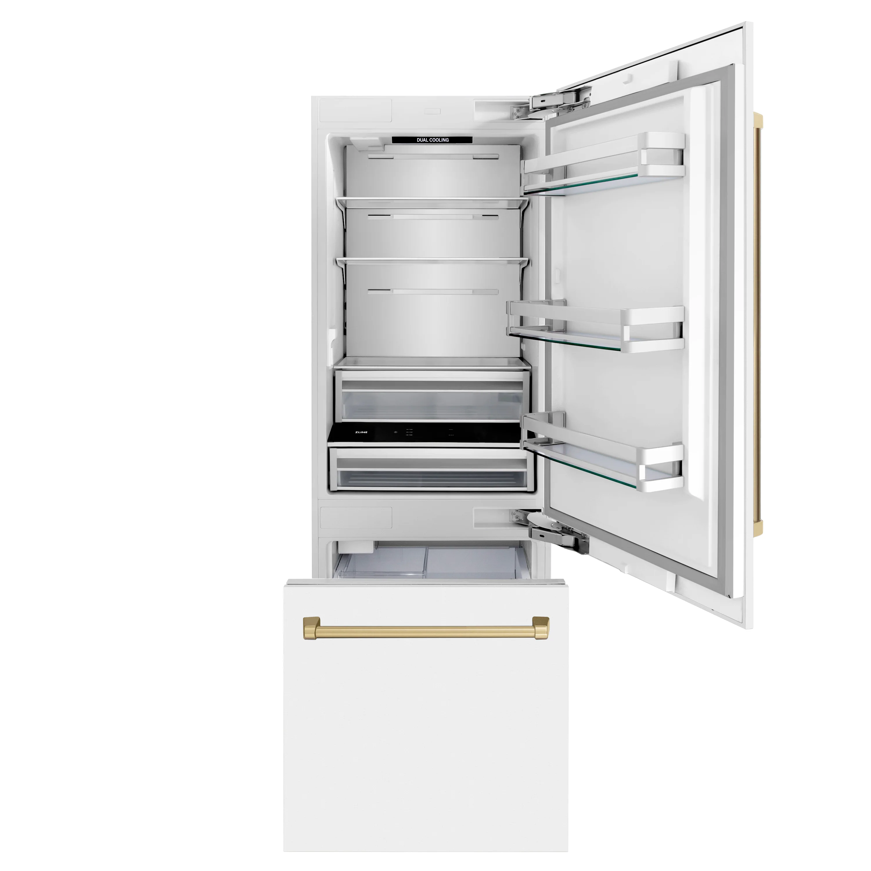 ZLINE Autograph Edition 30 in. 16.1 cu. ft. Built-In Bottom Freezer Refrigerator with Water Dispenser and Ice Maker in White Matte with Champagne Bronze Accents (RBIVZ-WM-30-CB) - Image 7
