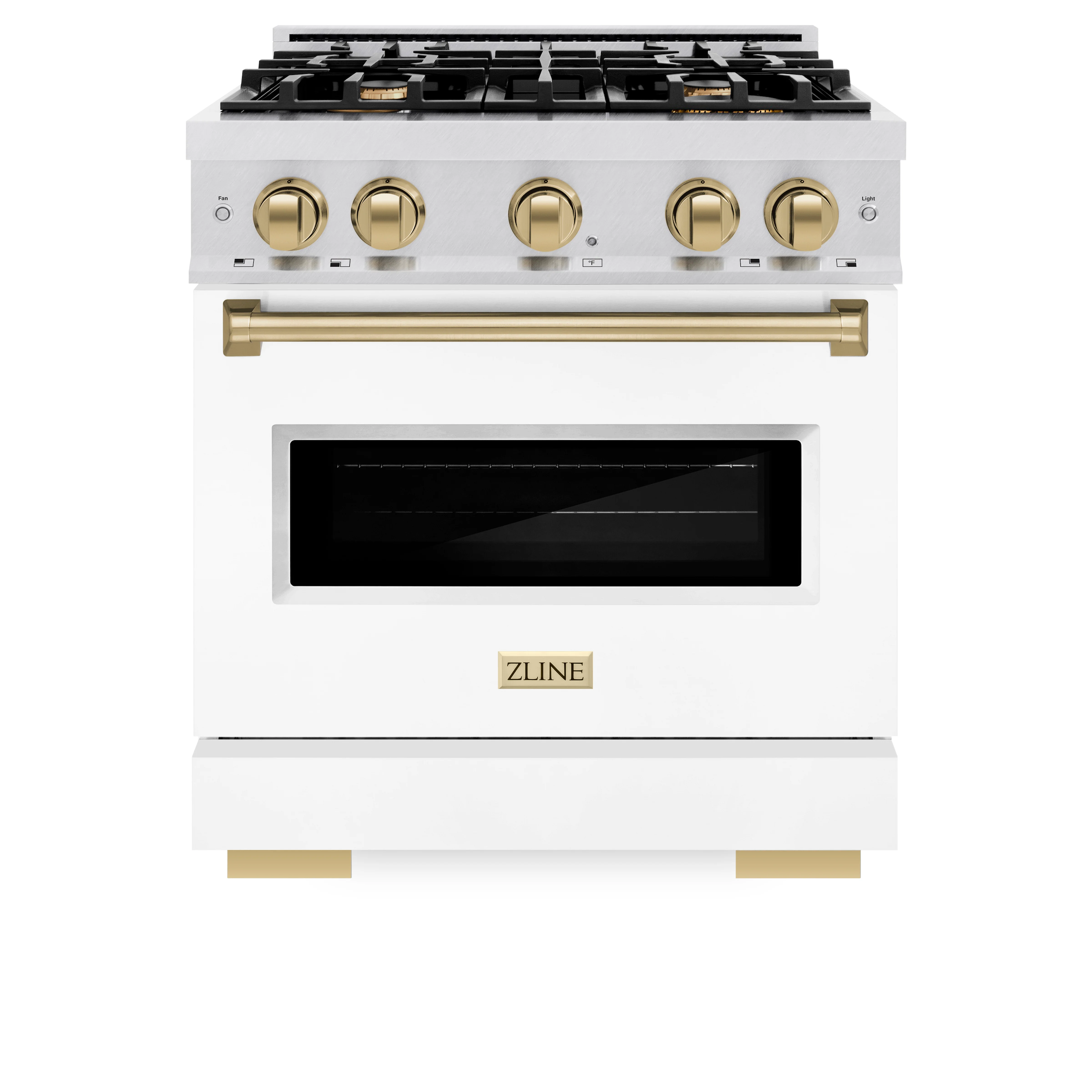 ZLINE Autograph Edition 30 in. 4.2 cu. ft. Classic Dual Fuel Range with 4 Burner Gas Cooktop and Electric Convection Oven in Satin Stainless Steel with White Matte Door and Polished Gold Accents (CDRSZ-WM-30-G) - Image 3